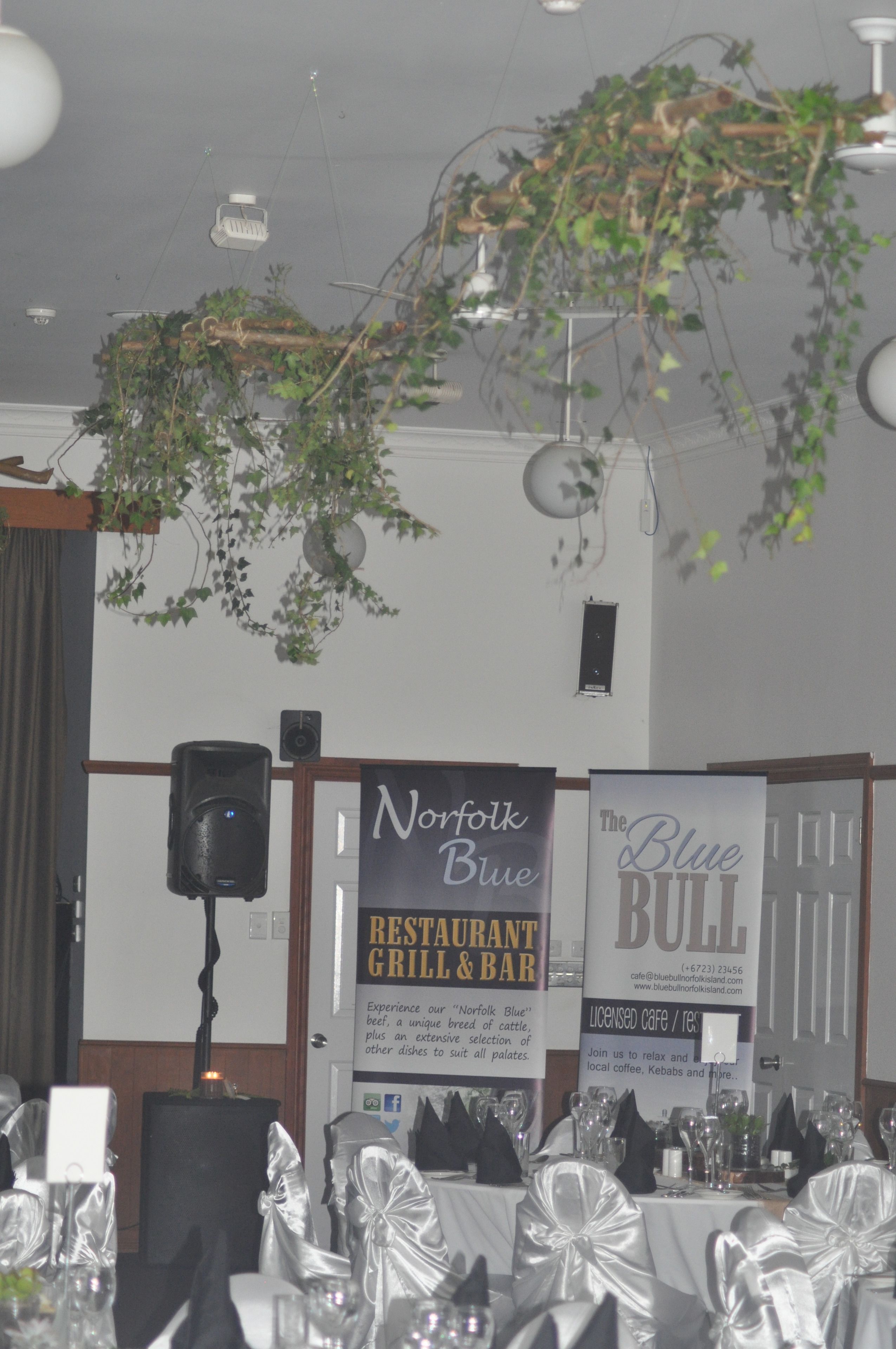 A restaurant interior with tables set for dining, hanging plants, and banners advertising the venue.