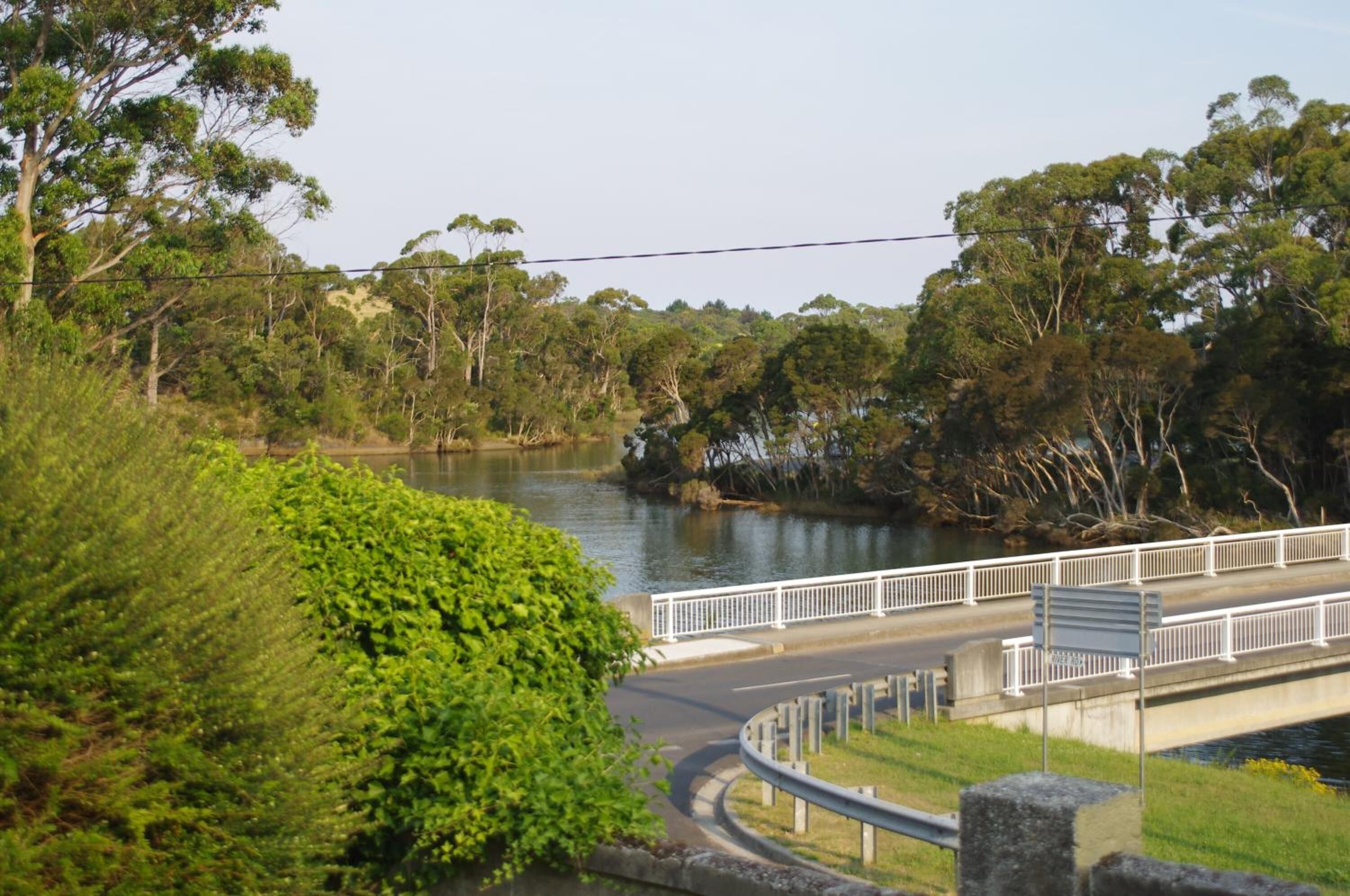A bridge over a river with lush greenery on both sides.