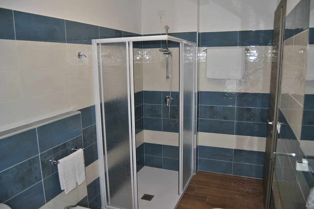 Standaard tweepersoonskamer | Badkamer | Een douche, een regendouche, een haardroger, badjassen