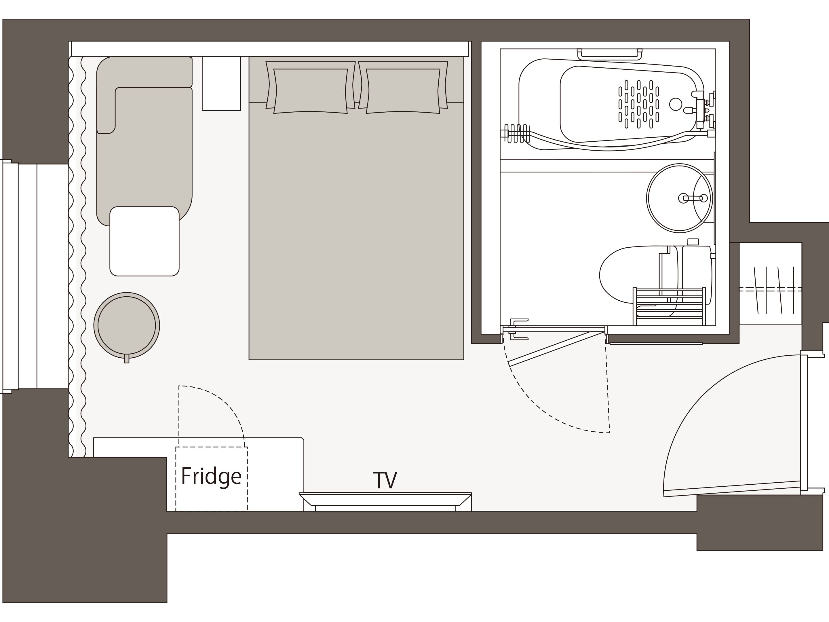A floor plan of a hotel room with a TV, a fridge, a bathroom, and a bed.