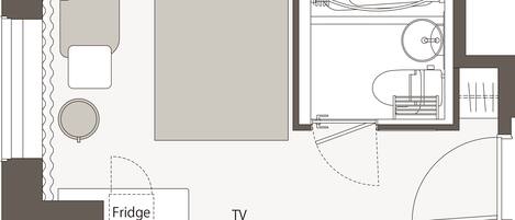 A floor plan of a hotel room with a TV, a fridge, a bathroom, and a bed.
