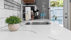 A modern kitchen with a white countertop, a potted plant, a sink, and a coffee machine. - The Estate at Mount Dora (Mount Dora)