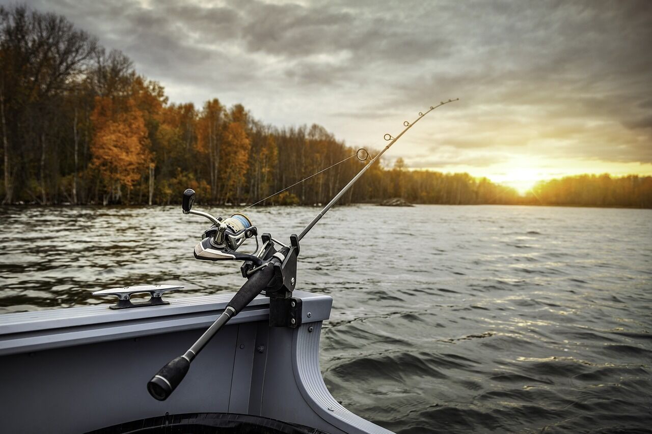 A fishing rod on a boat with a forest and sunset in the background.