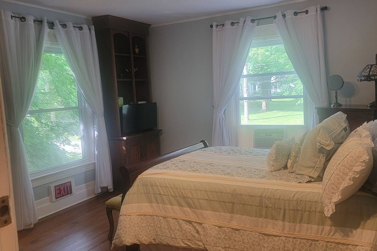 A bedroom with a large bed, wooden flooring, a TV on a stand, and a view of greenery outside.