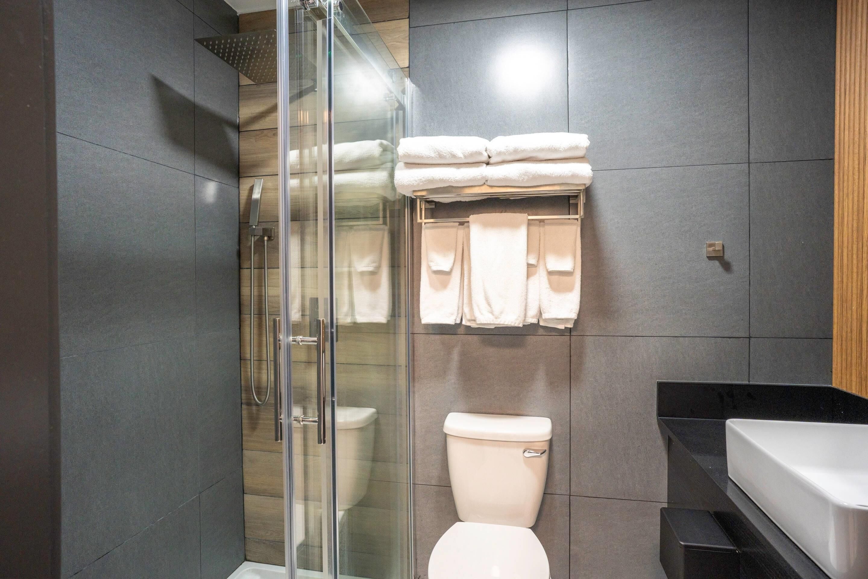Une salle de bain moderne avec une douche à l’italienne en verre, des toilettes et un plan de toilette noir.
