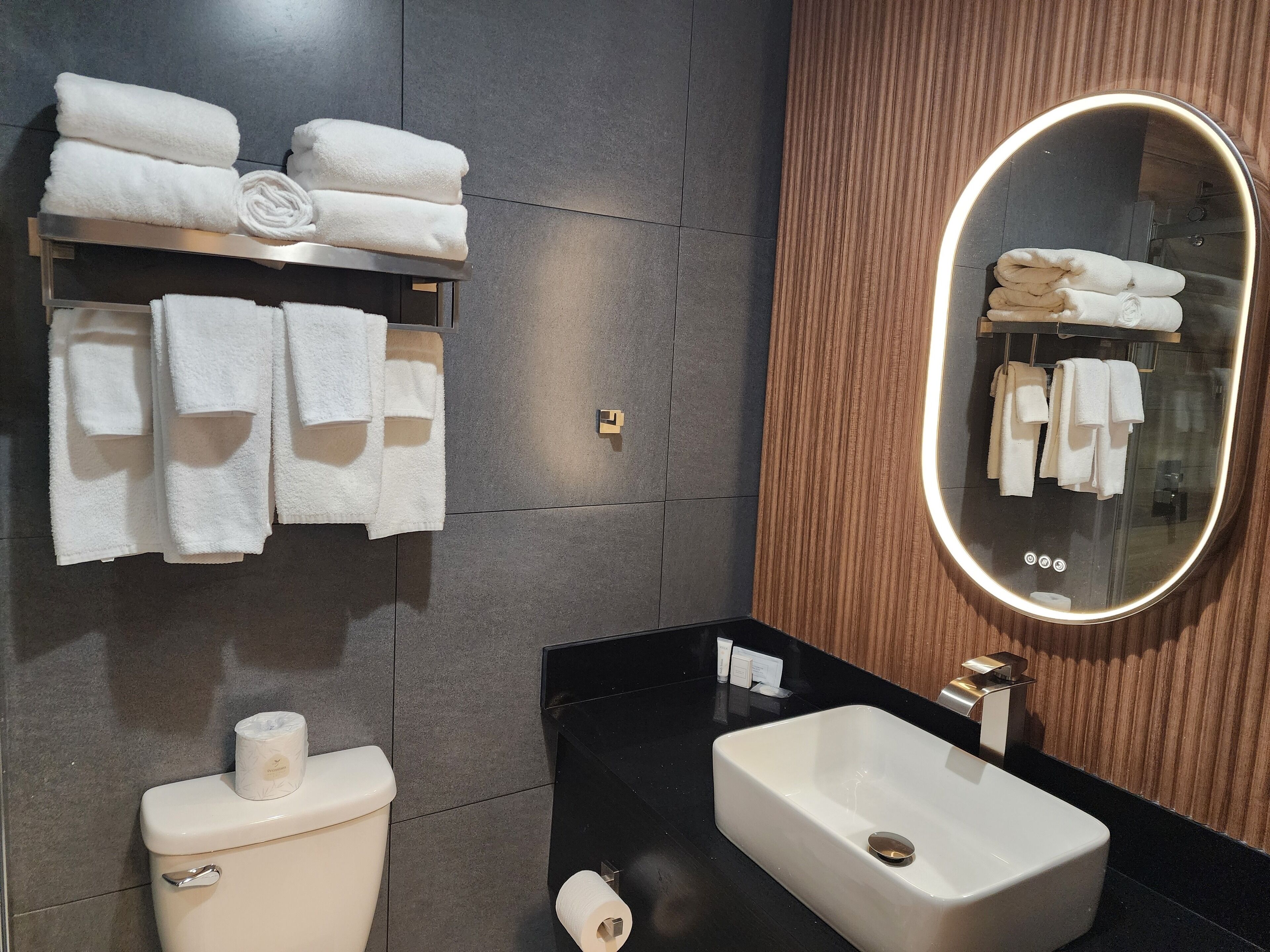 A modern bathroom with a toilet, sink, and towel rack.