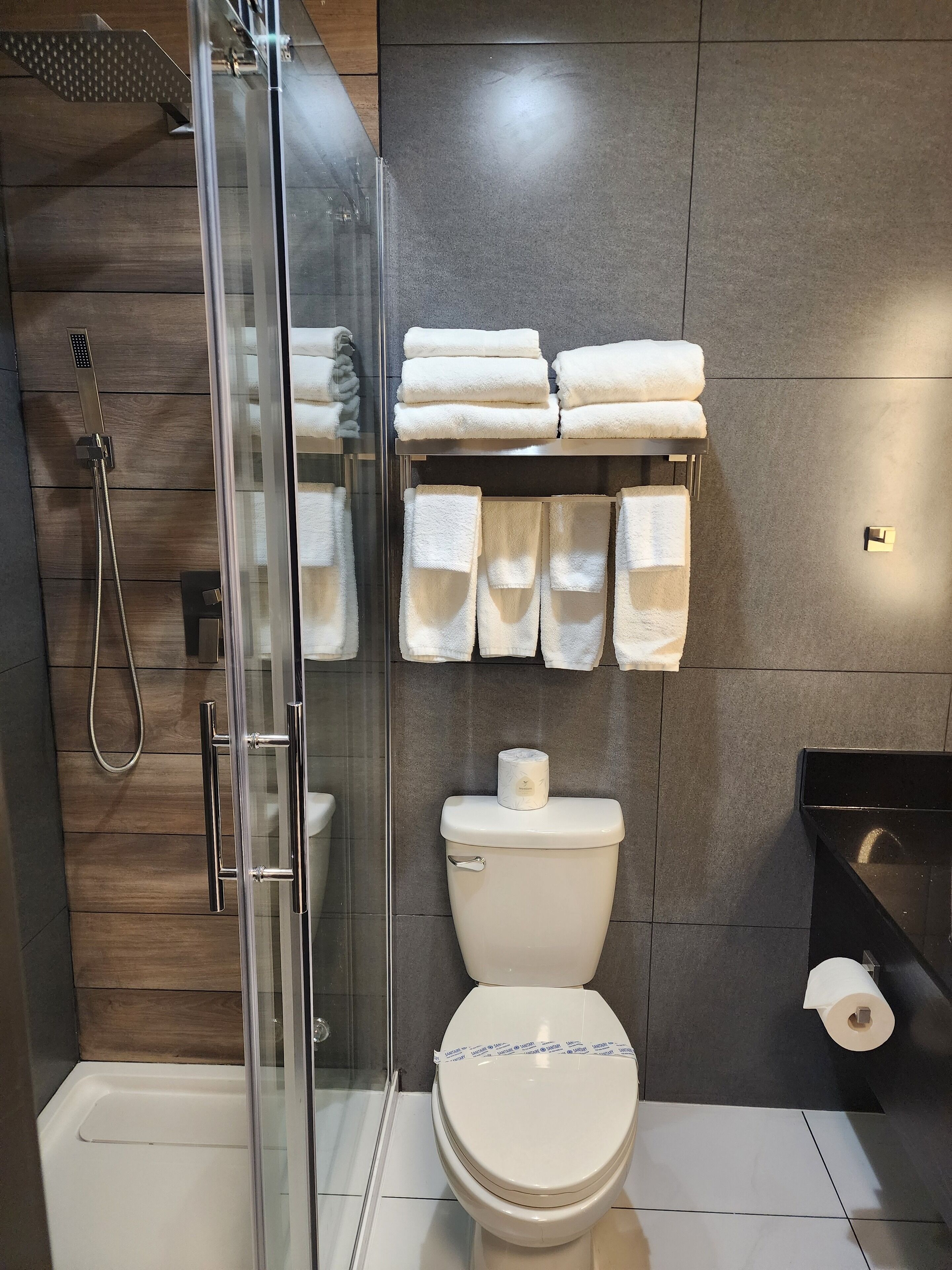A modern bathroom with a glass shower enclosure, a toilet, and a shelf with neatly folded towels.