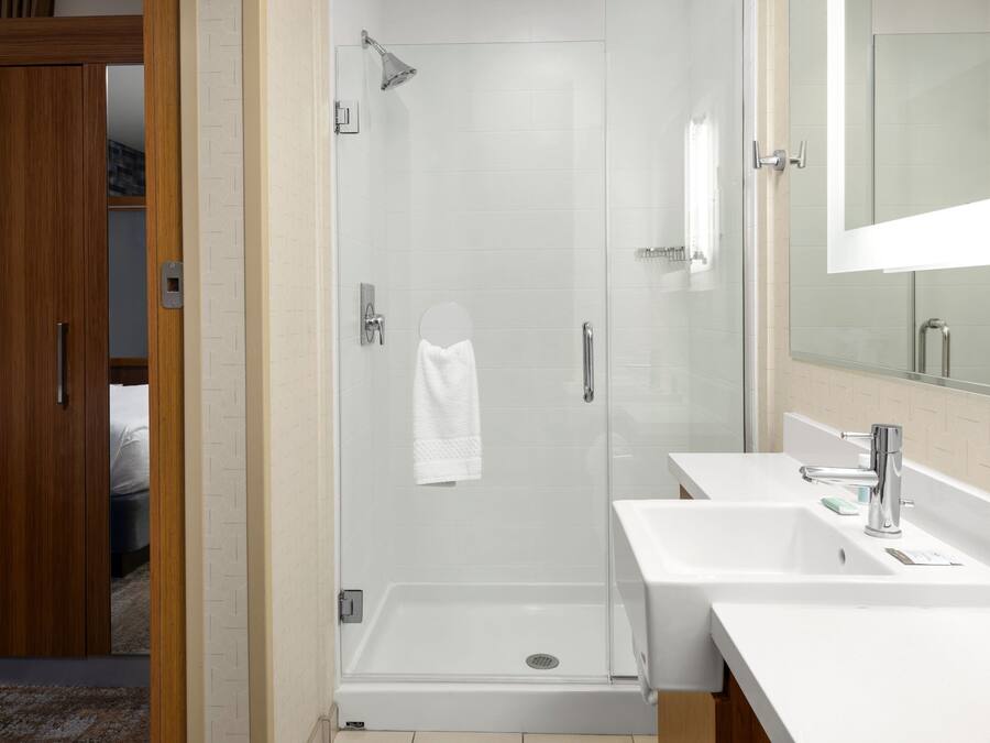 A modern bathroom with a glass-enclosed shower, two sinks, and a large mirror.
