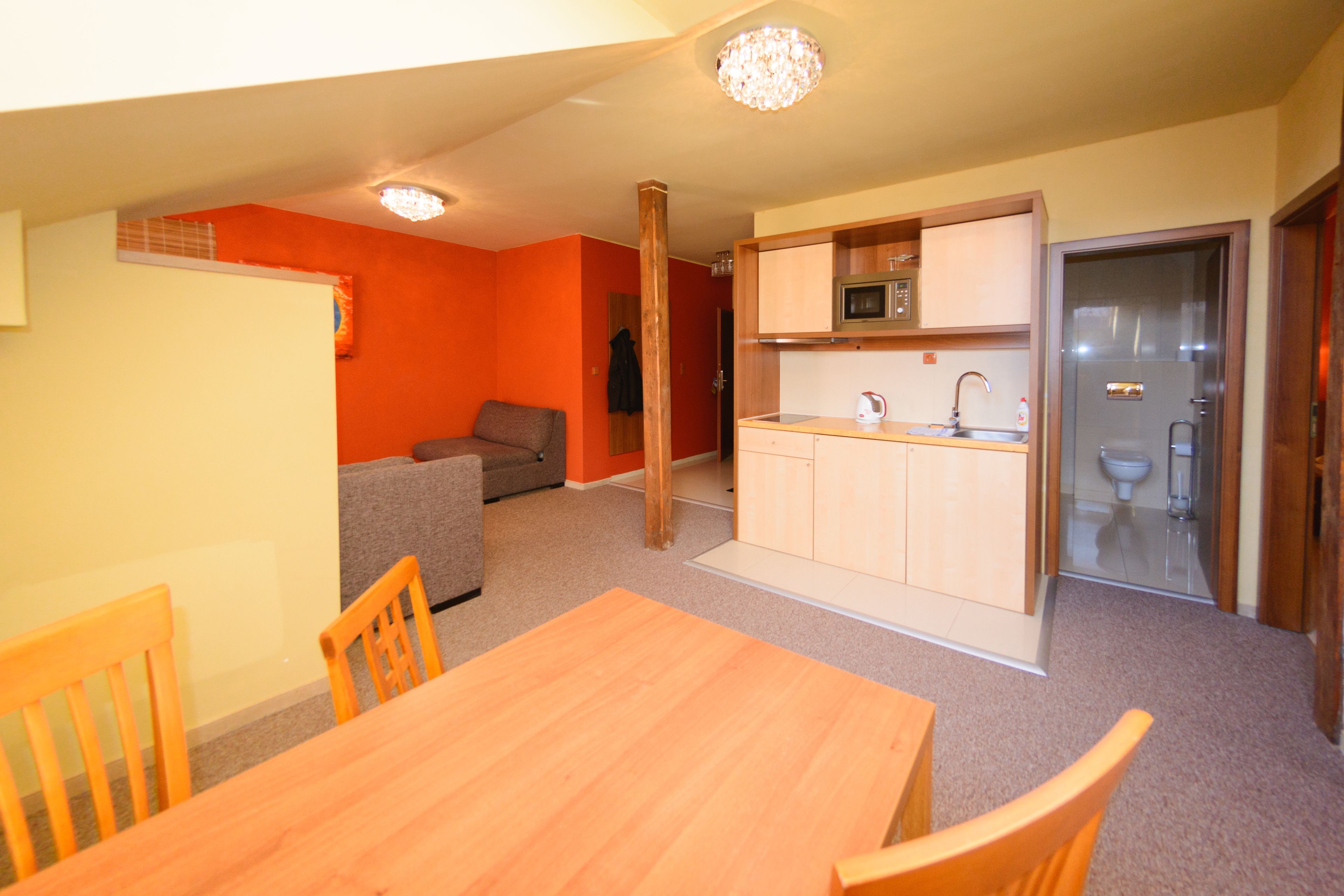 Un espacio habitable pequeño con comedor, kitchenette y baño reducido.