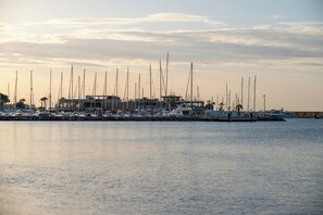 Marina con varios veleros amarrados, un edificio de techo plano y una superficie de agua tranquila.