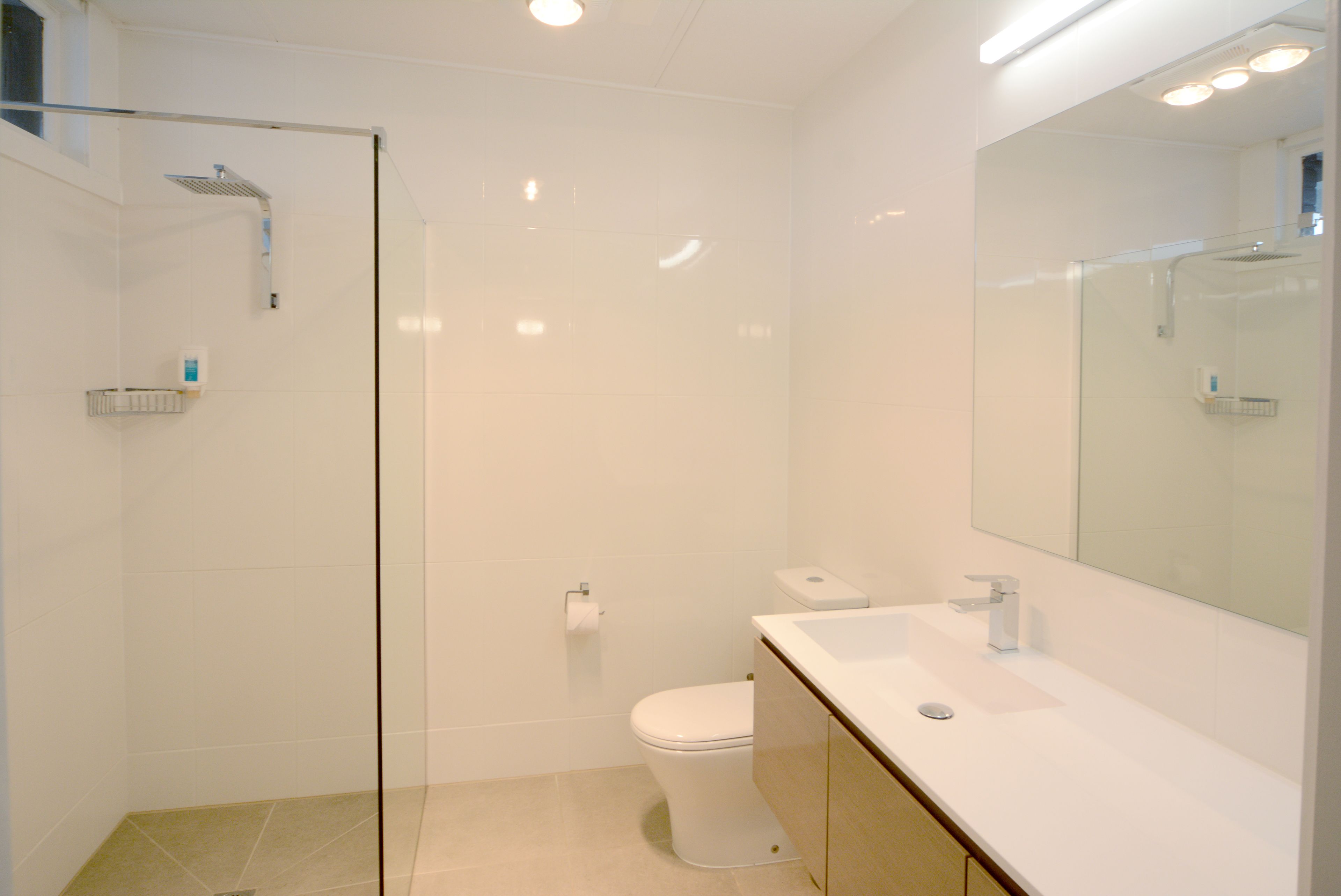 A modern bathroom with a glass shower enclosure, a white toilet, and a sink with a mirror above it.