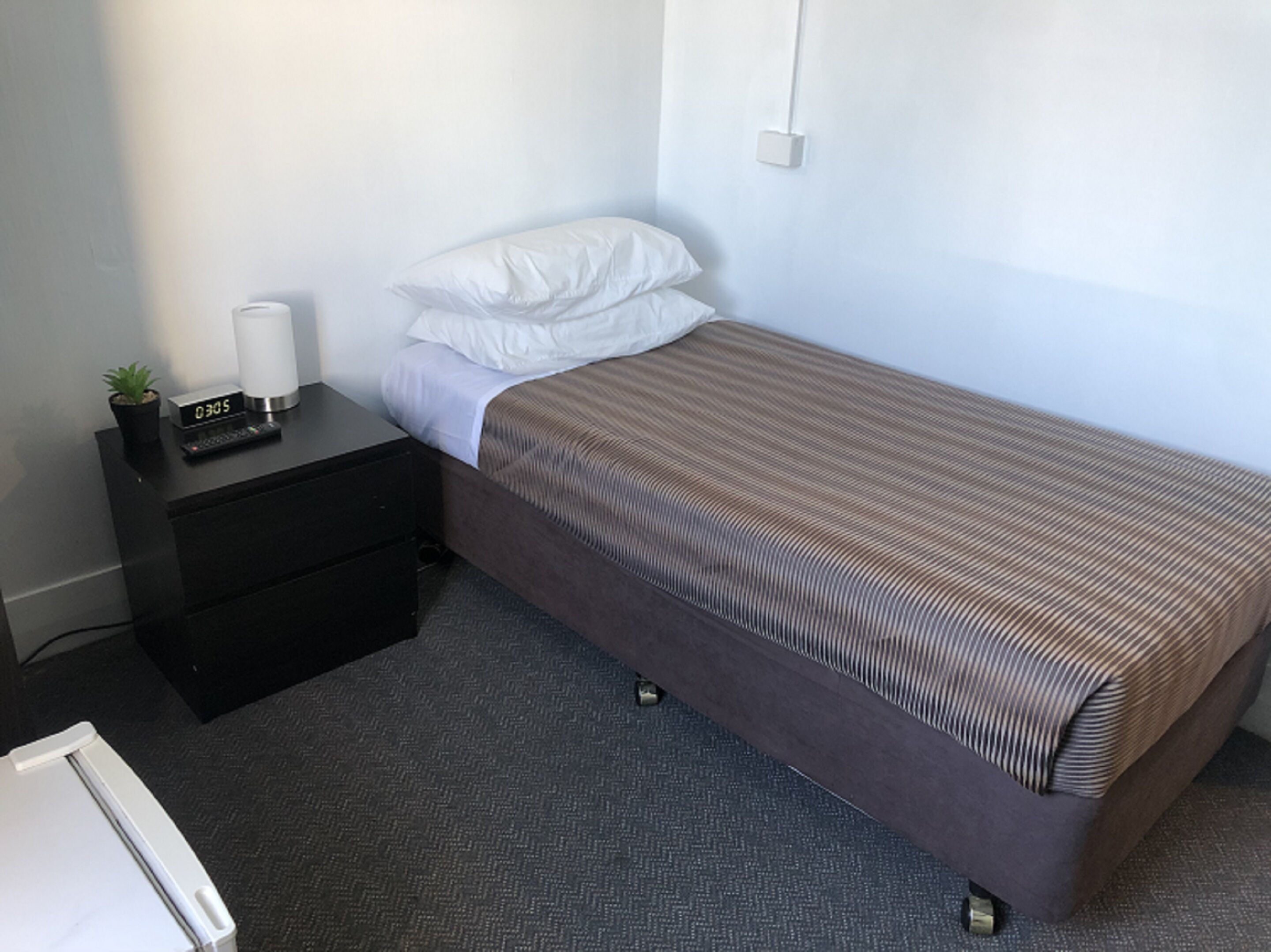 Una habitación pequeña con una cama individual, una colcha marrón oscuro, un almohadón blanco, una mesita de noche negra con una planta pequeña y un reloj digital, y un piso cubierto de alfombra gris.