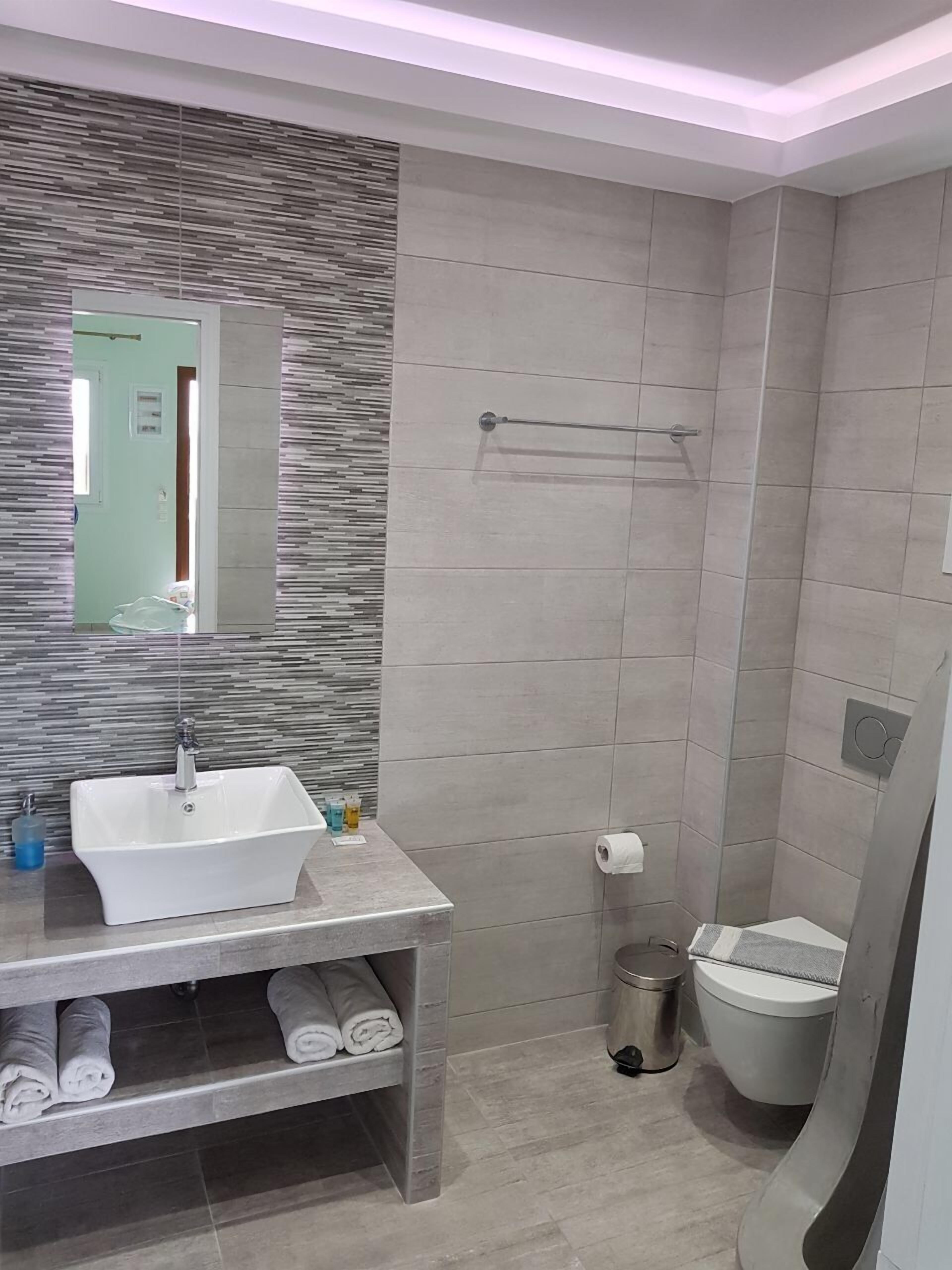 Ein modernes Badezimmer mit einem großen Waschbecken, einem Spiegel, einem Handtuchhalter und einer Toilette.