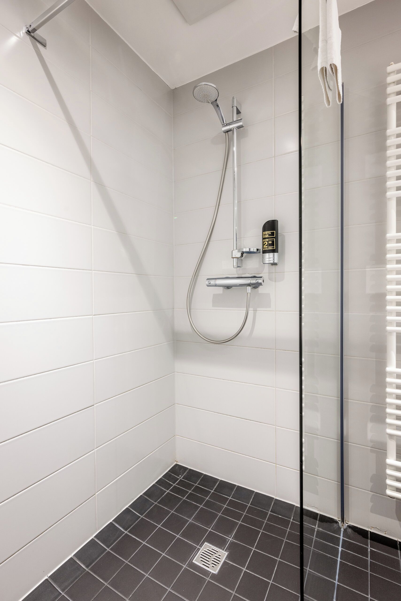 Eine moderne Dusche mit Handbrause, einer fest montierten Bedienung und einer Glasabtür.