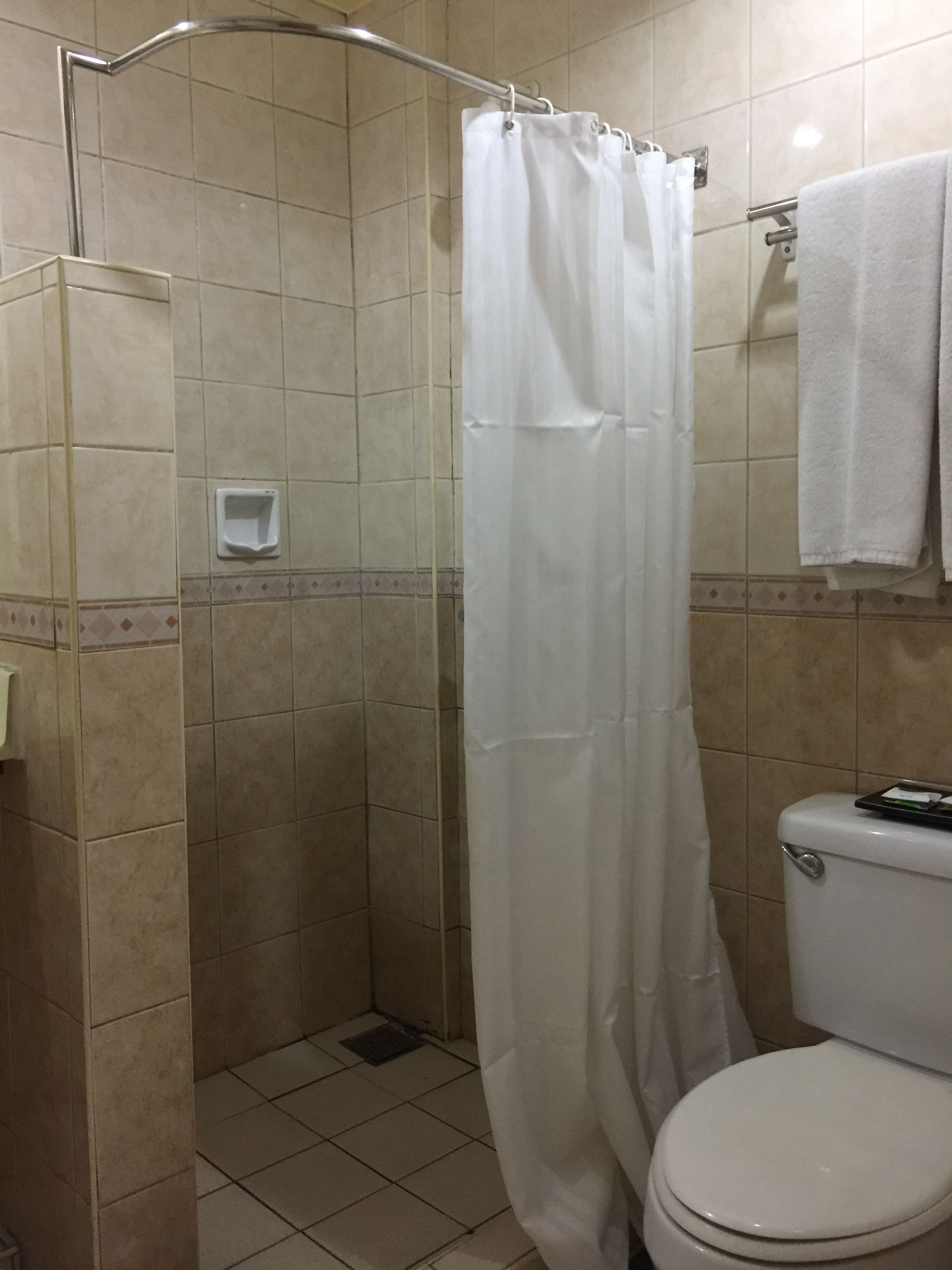 Une salle de bain avec une douche, des toilettes et un porte-serviettes.