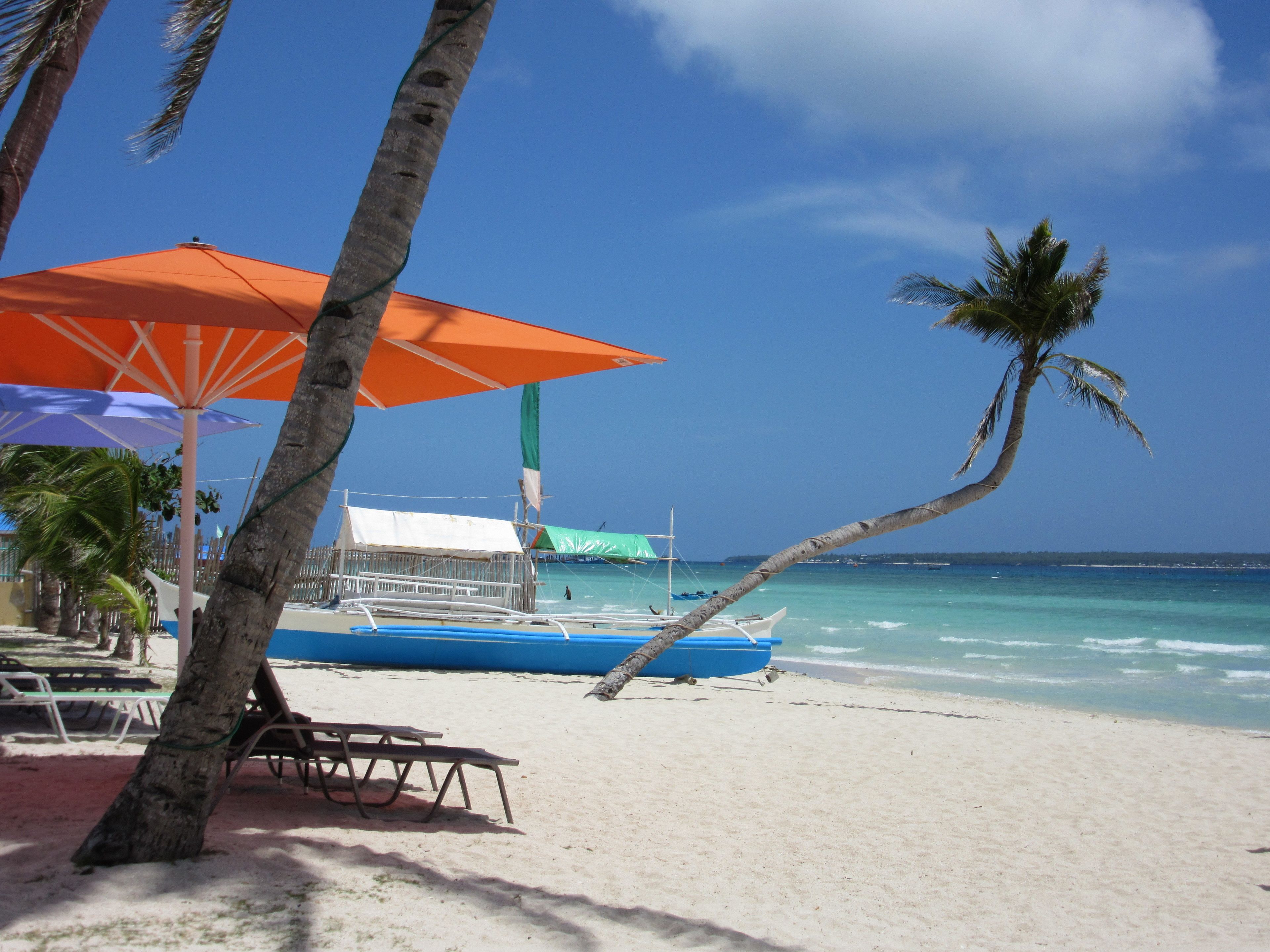 A beach with a boat, palm trees, and beach umbrellas.