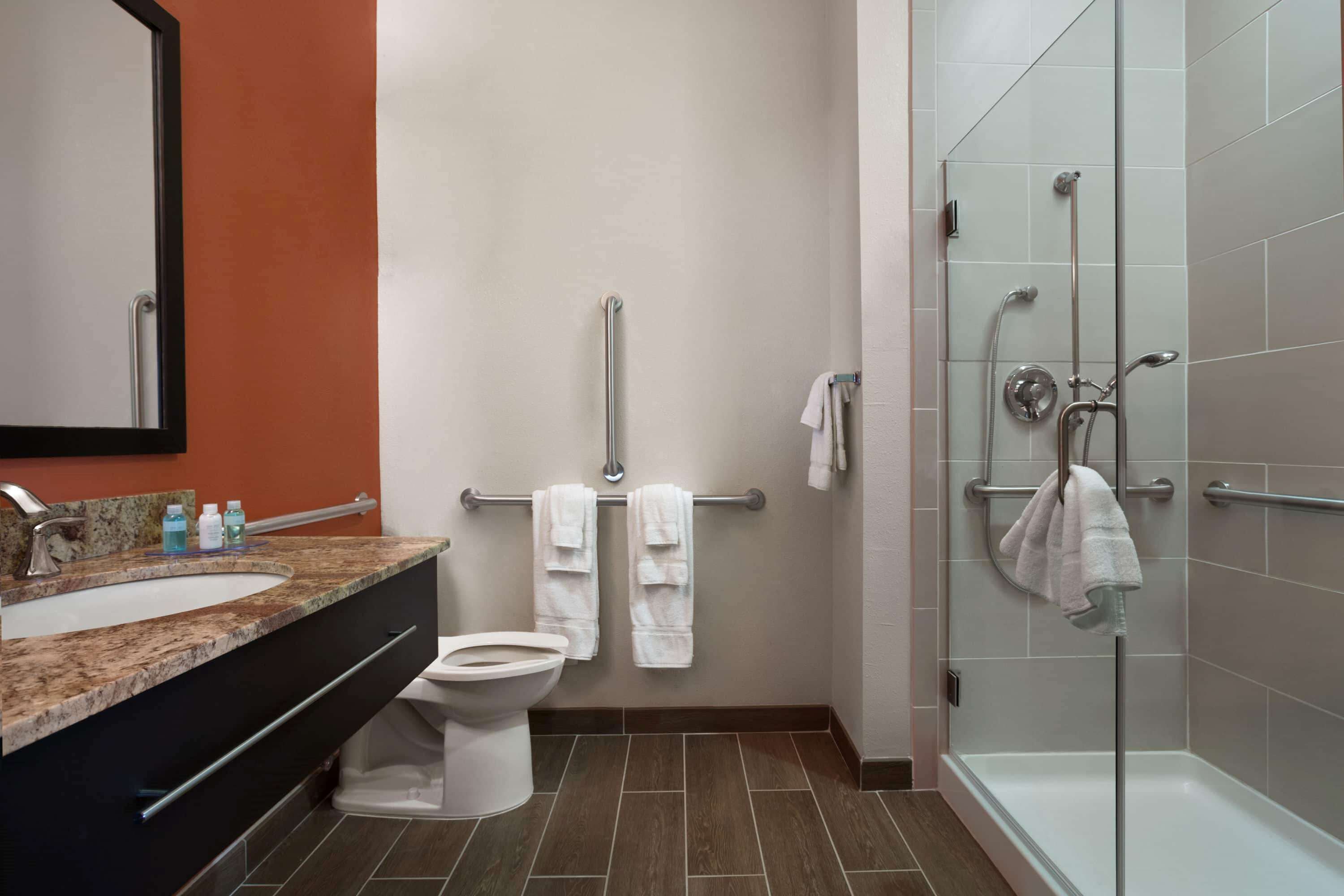 shower, free toiletries, hair dryer, towels