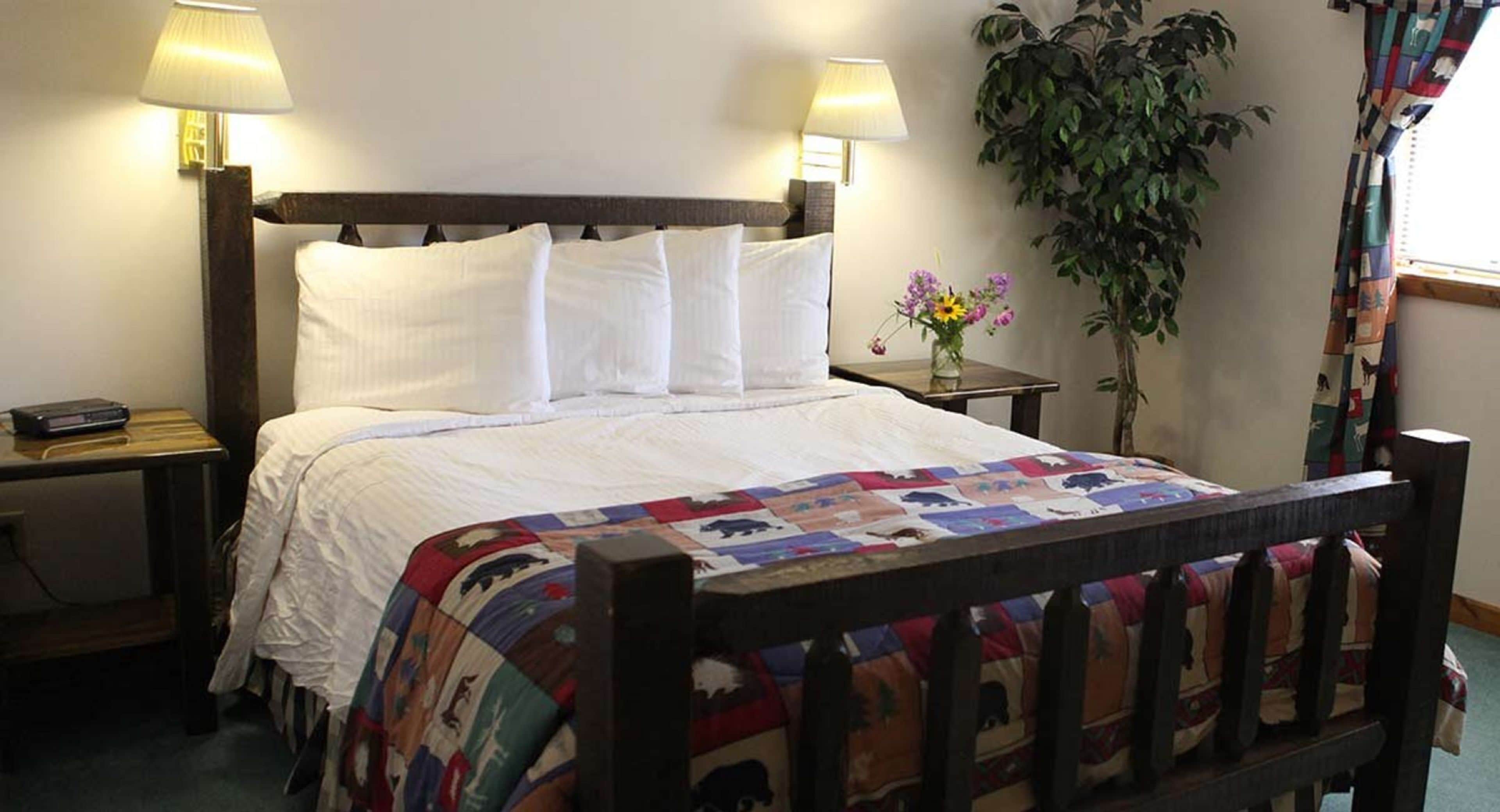 A bed with a quilt, two bedside lamps, a nightstand, a plant, and a window with curtains.