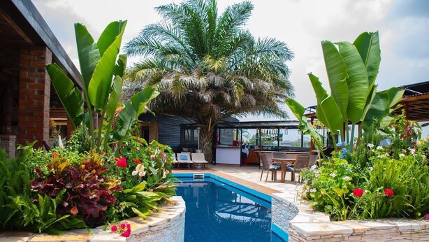 A swimming pool surrounded by stone planters with tropical plants and a palm tree. - Inside Afrika Boutique Hotel (Kigali)