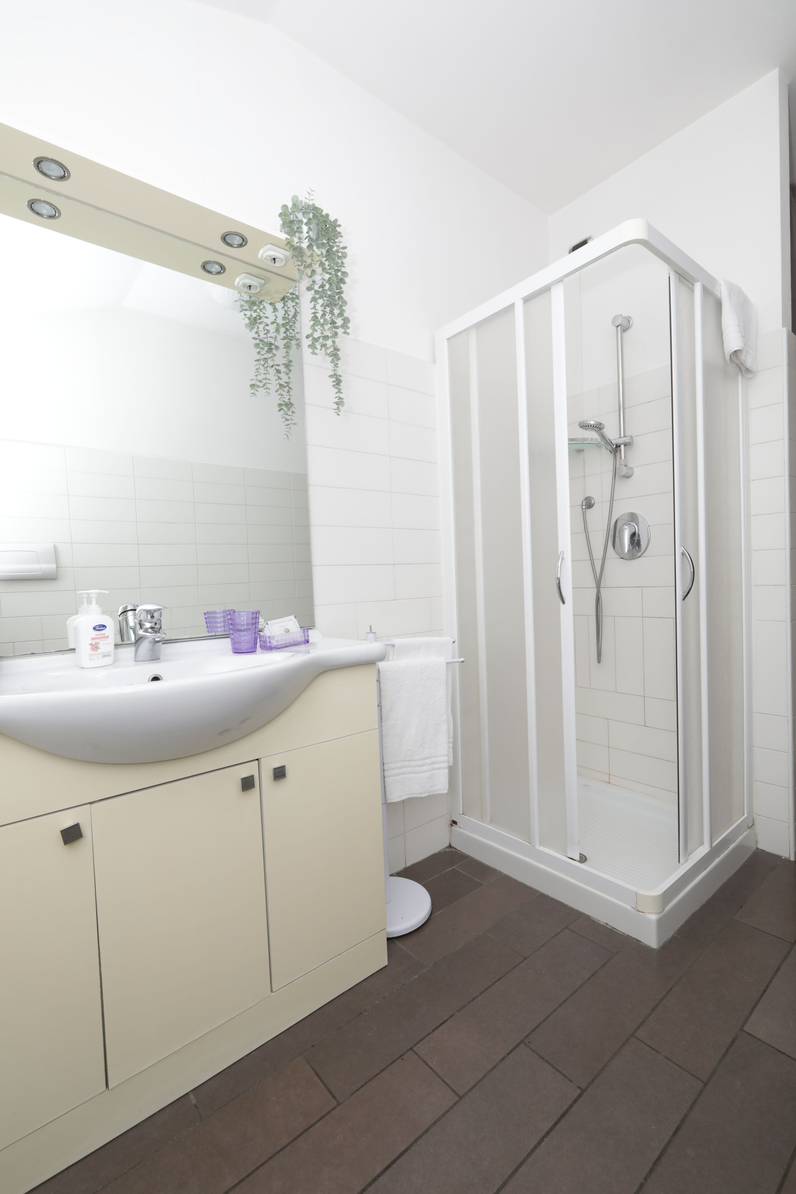 Ein modernes Badezimmer mit Waschbecken, Spiegel und Dusche.