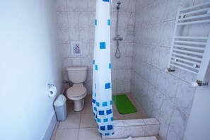 Bathroom features a shower, toilet, and towel rack.