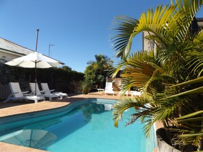 A swimming pool with lounge chairs and umbrellas, surrounded by palm trees and a fence.