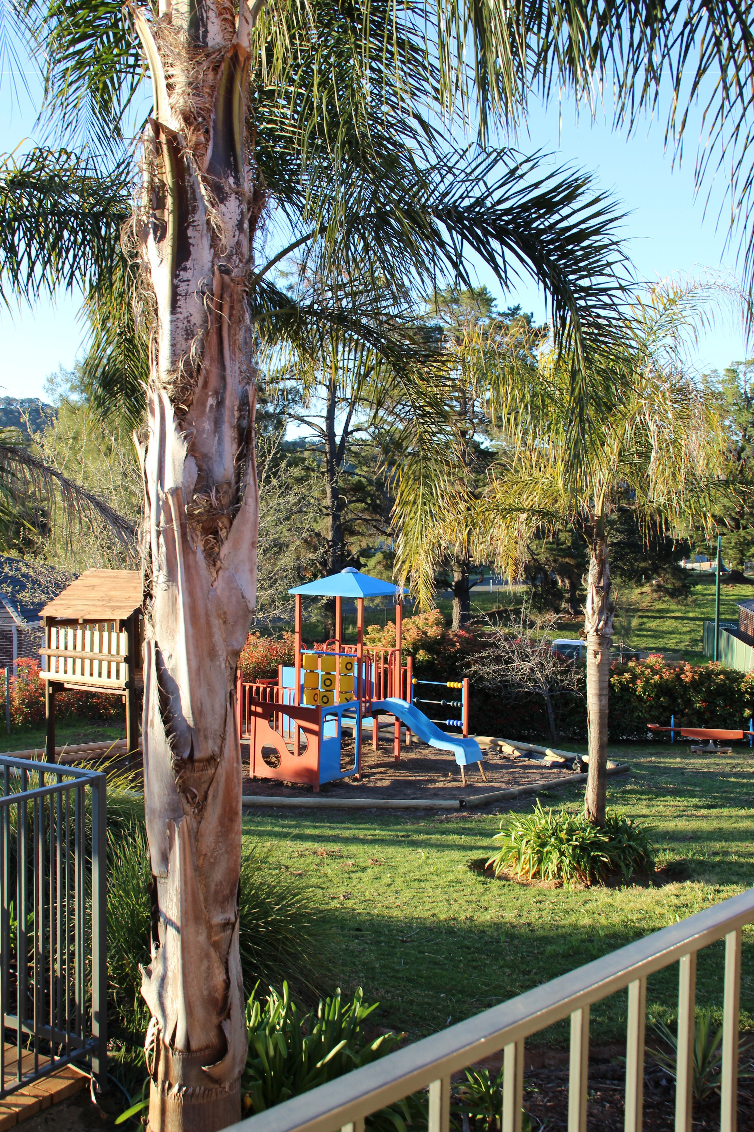 A playground with a slide and climbing structures, surrounded by palm trees and a grassy area.