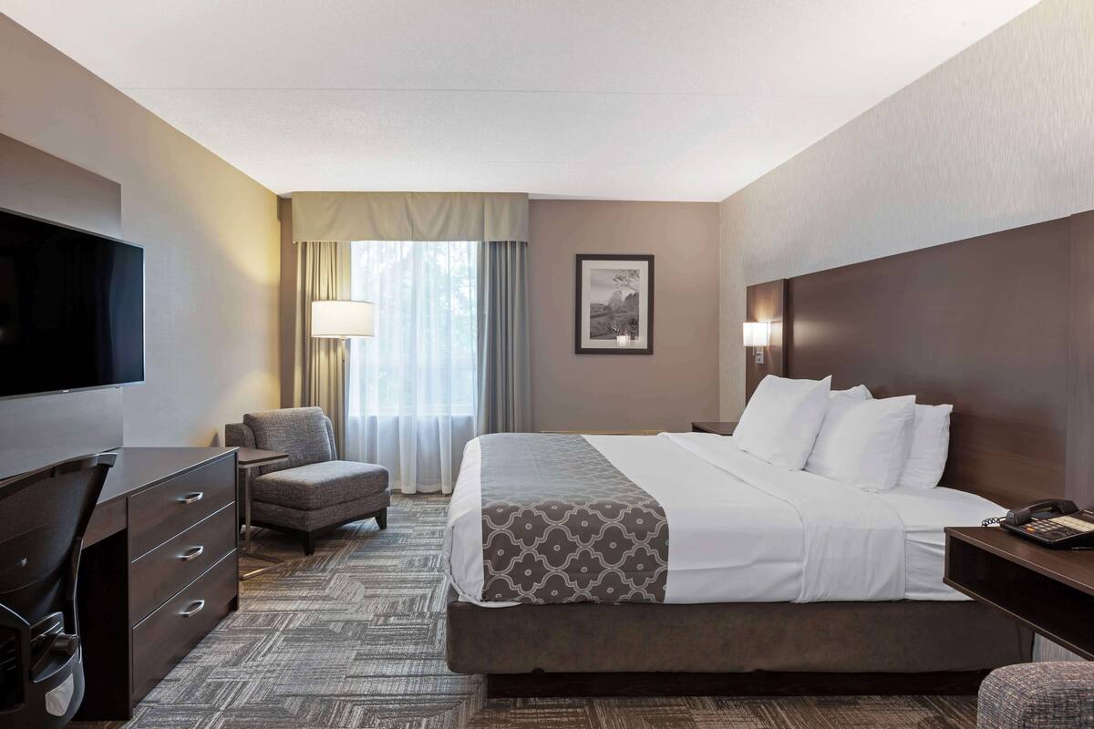 Habitación de hotel con una cama grande, un escritorio, una silla, un televisor y una ventana con cortinas.