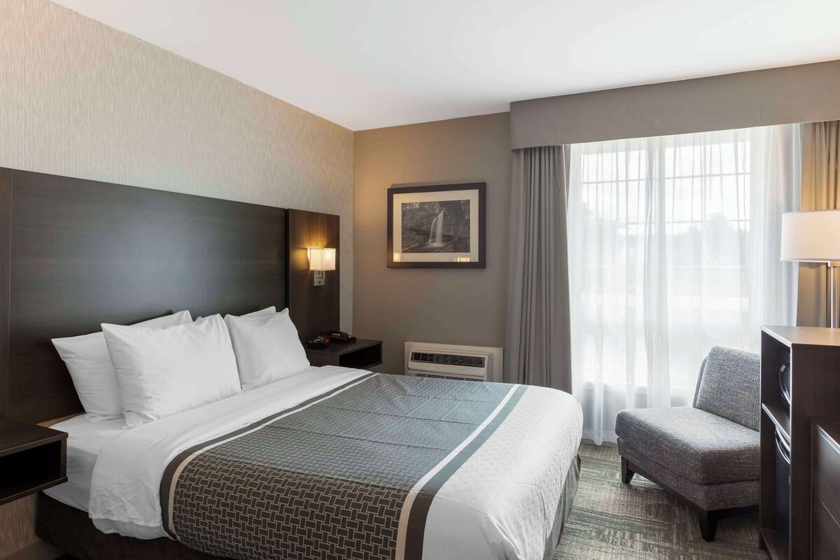 Habitación de hotel con una cama grande, una silla, un escritorio, un cuadro en la pared y una ventana con cortinas.
