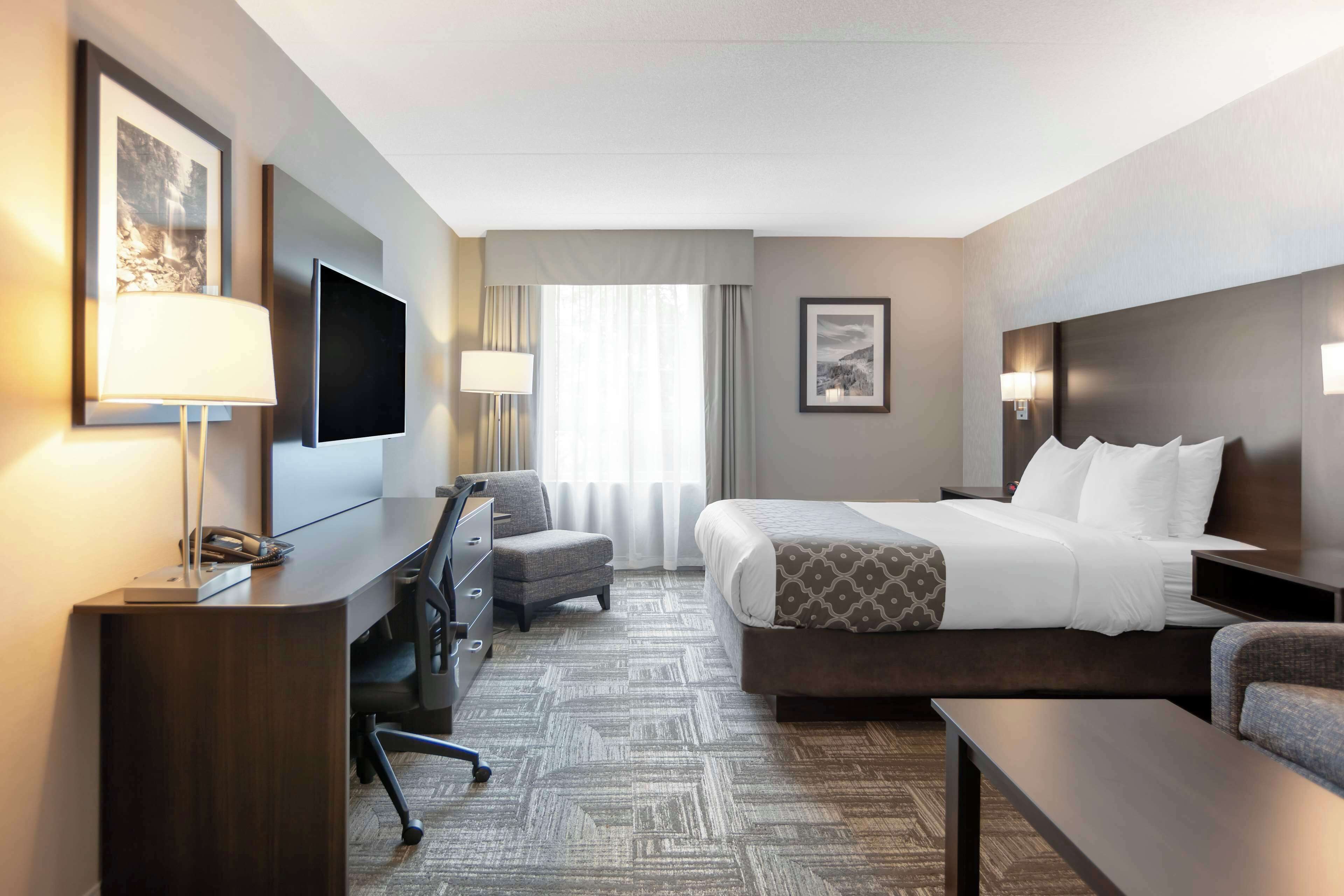 Una habitación de hotel con cama, escritorio, silla, televisión y vistas al exterior.