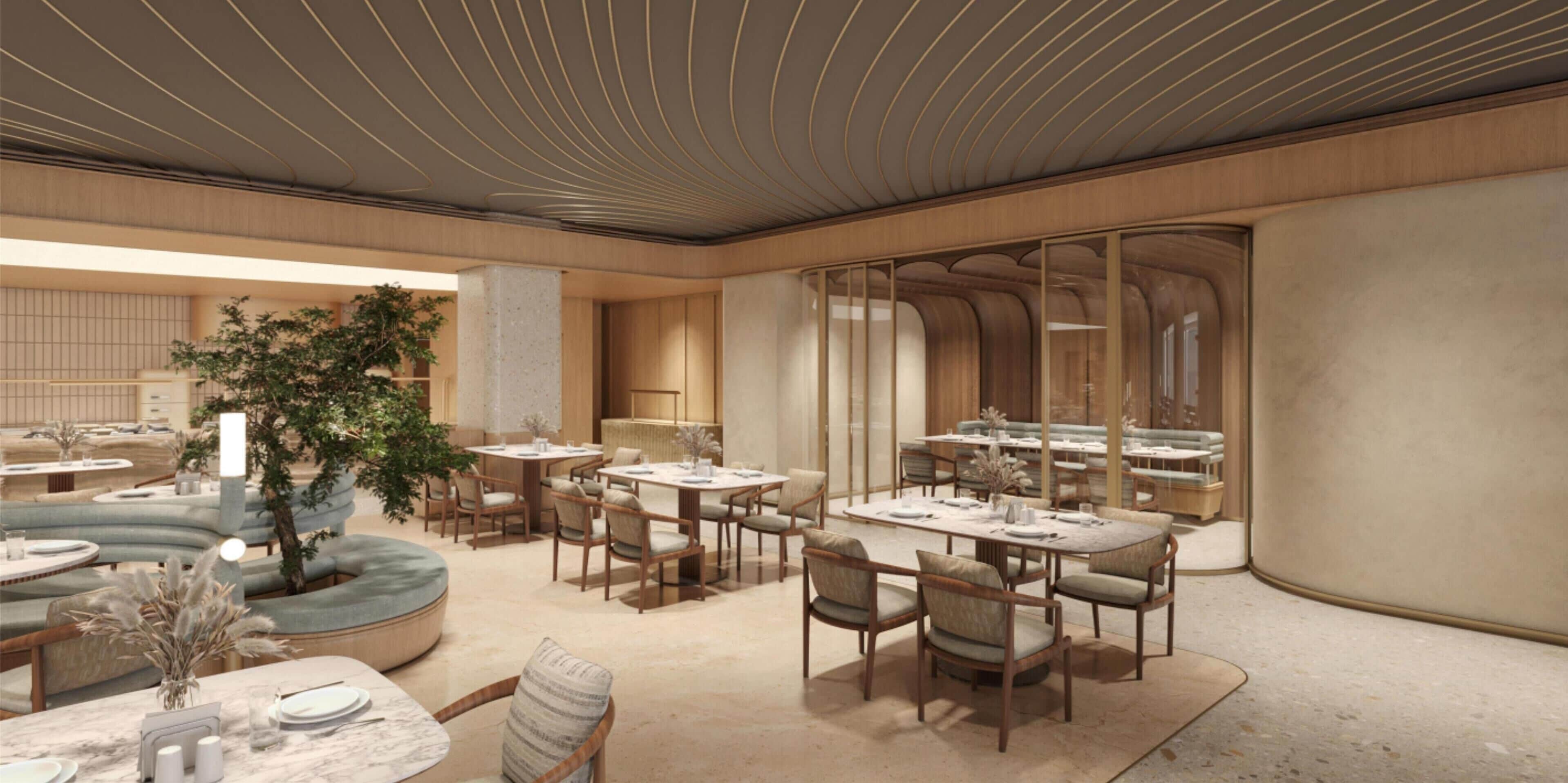A modern dining area with round tables, cushioned seating, and a central plant.