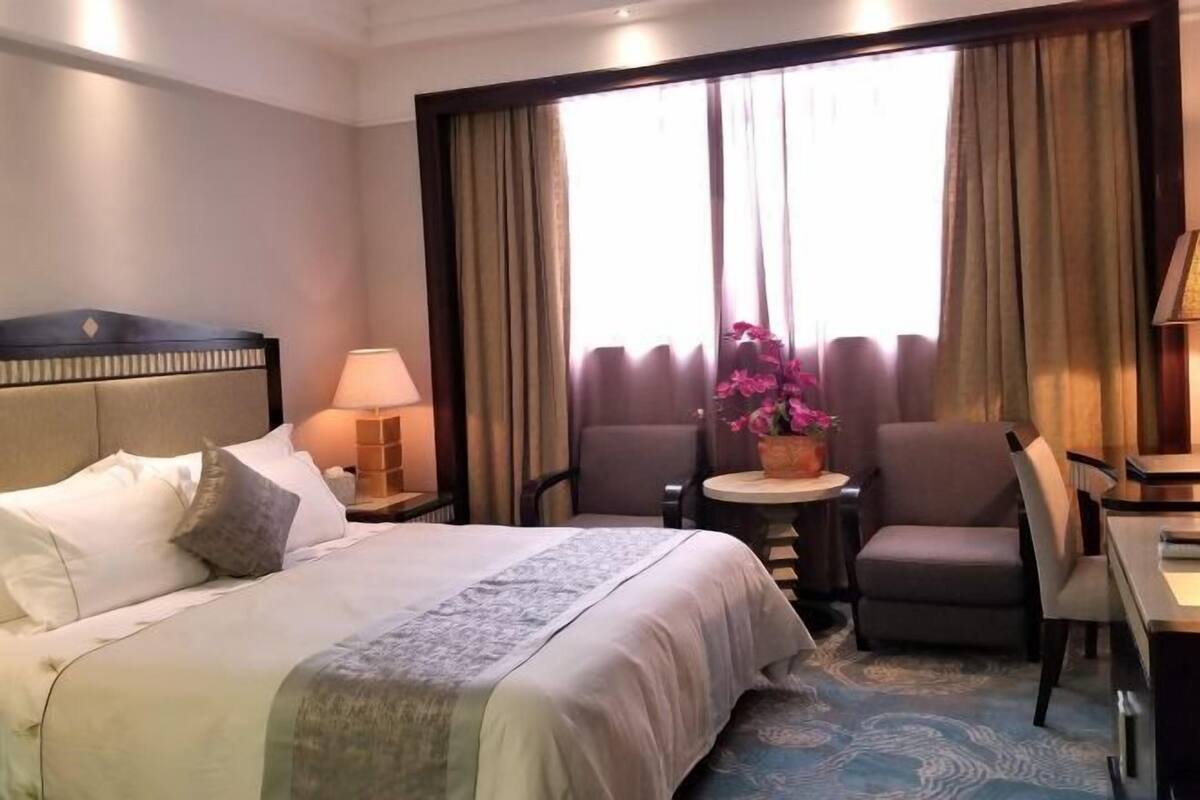 Habitación de hotel con una cama, un escritorio, una silla, una lámpara, una ventana con cortinas y una planta en maceta.