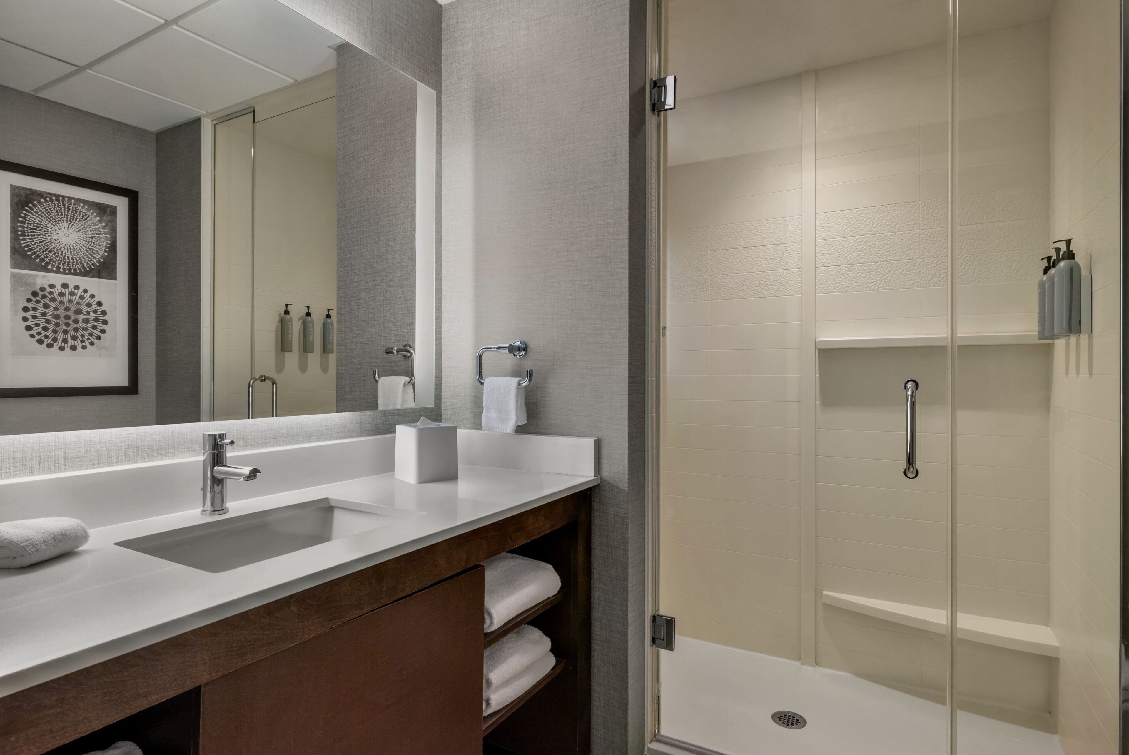 A modern bathroom with a dual sink vanity, a large mirror, and a glass-enclosed shower area.
