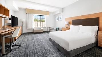 A hotel room with a bed, desk, chair, television, and a window with a view of greenery.
