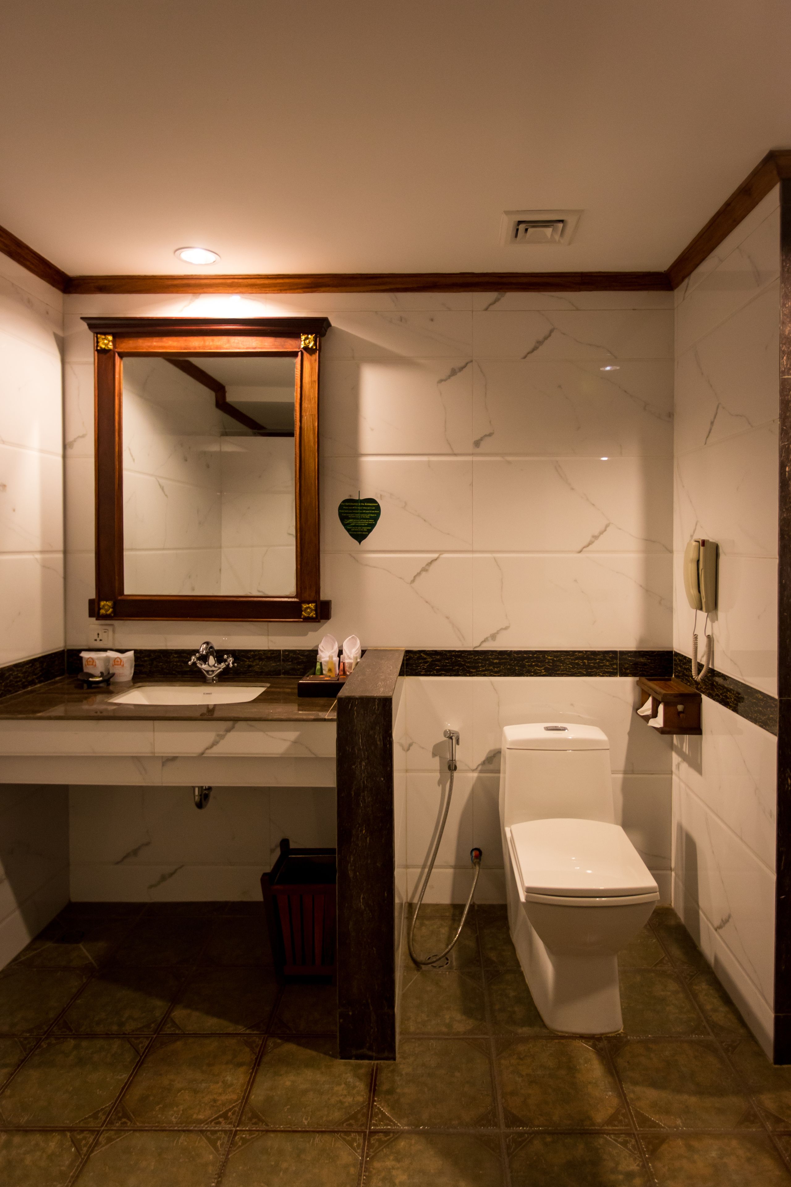 Une salle de bain avec un lavabo en marbre, un miroir encadré en bois, des toilettes et une poubelle.