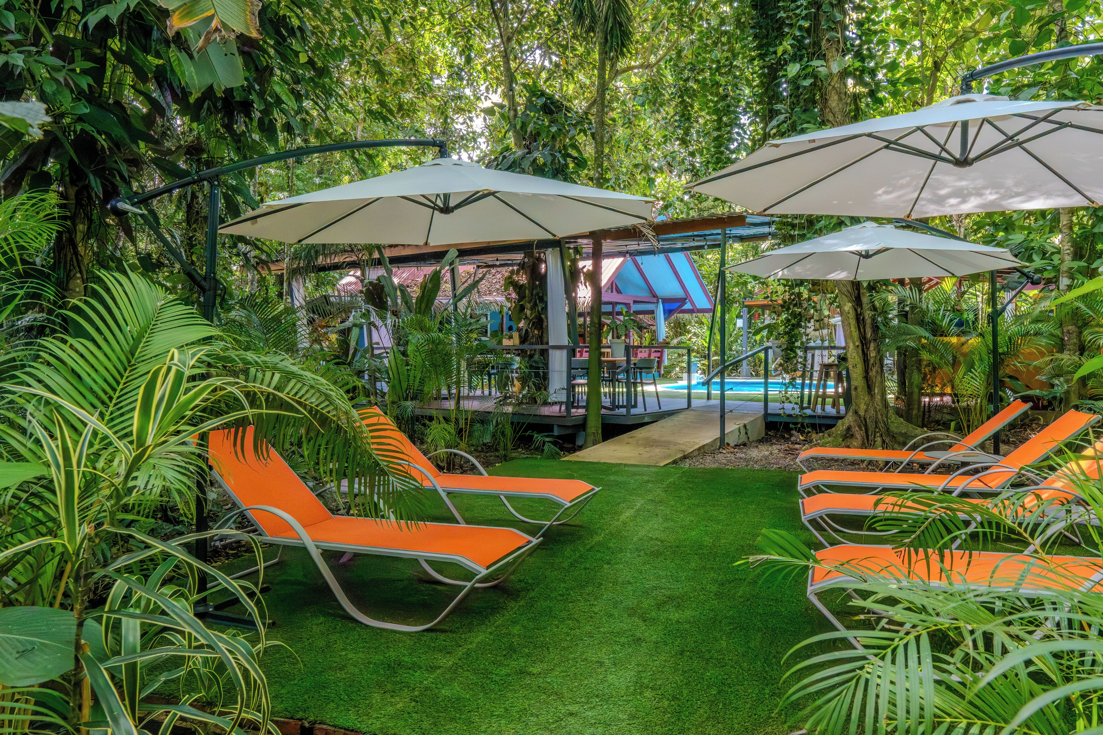Een tropische tuin met lounge stoelen en parasols, een zwembad en een prieel.