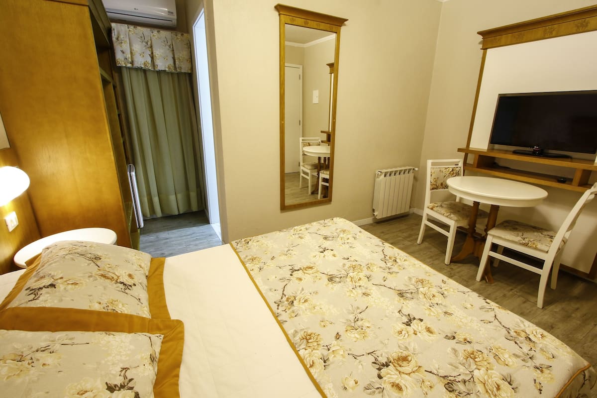 A hotel room with a bed, a desk, a chair, a television, and a mirror.