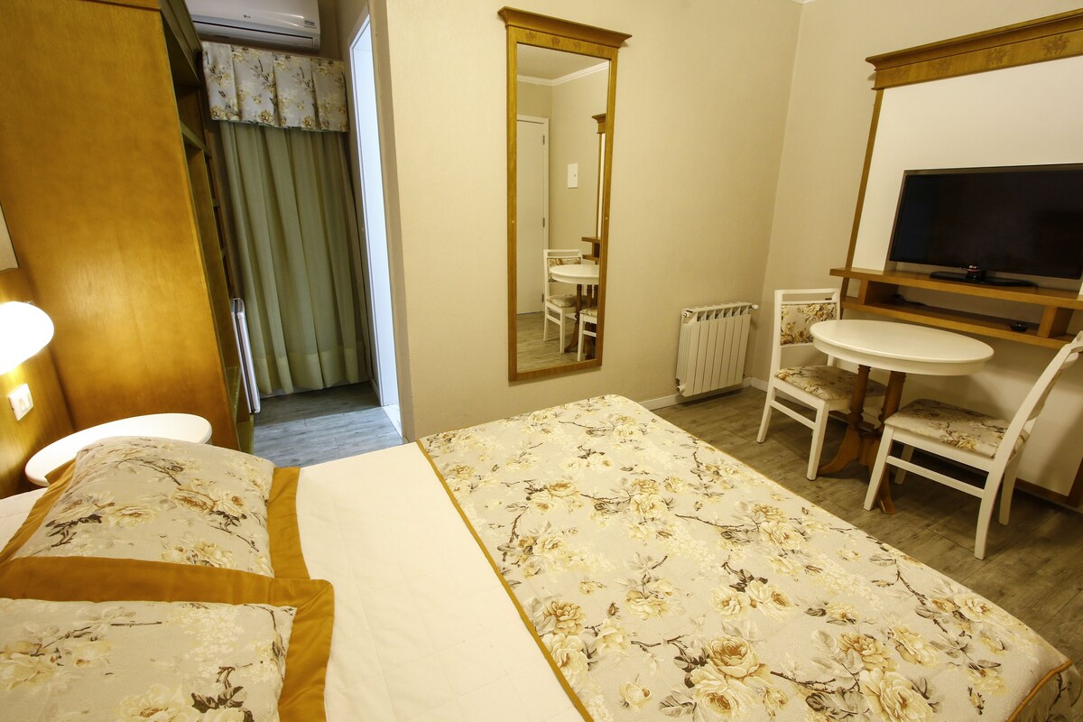 Une chambre d’hôtel équipée d’un lit, d’un bureau, d’une chaise, d’une télévision et d’un miroir.