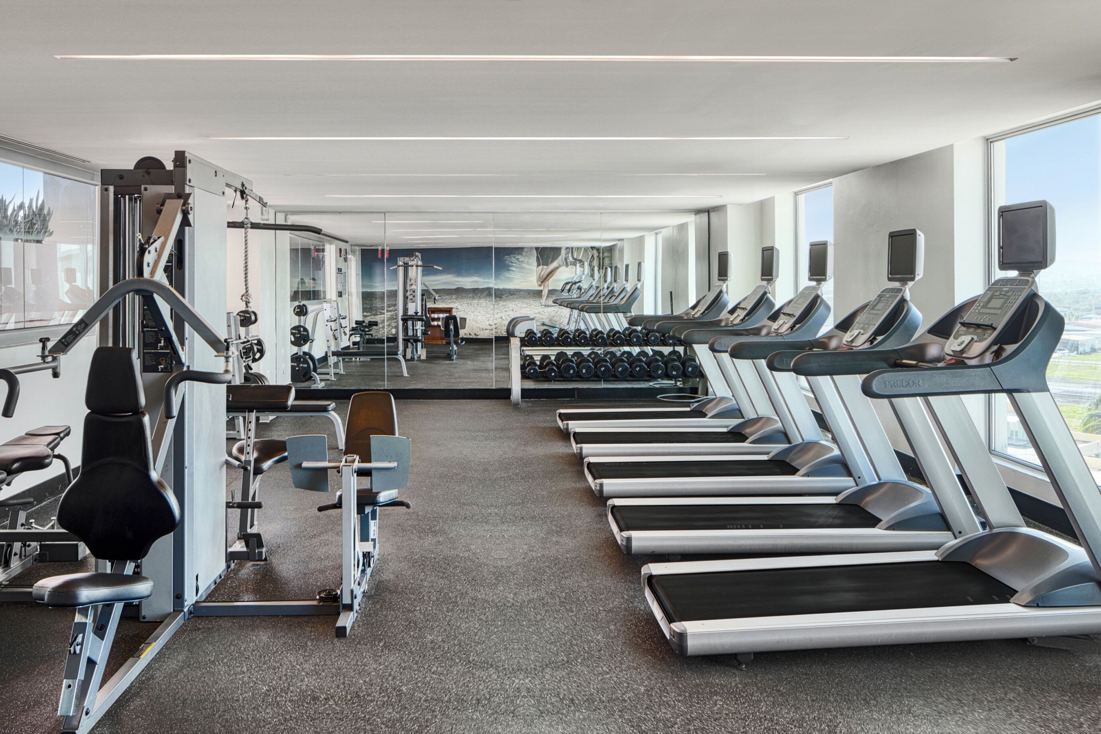 A gym with treadmills, weight machines, and dumbbells.
