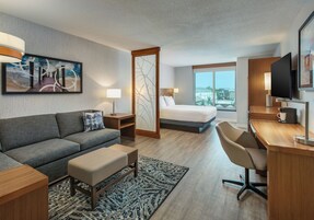 Una habitación de hotel con sofá, cama, escritorio y televisión.