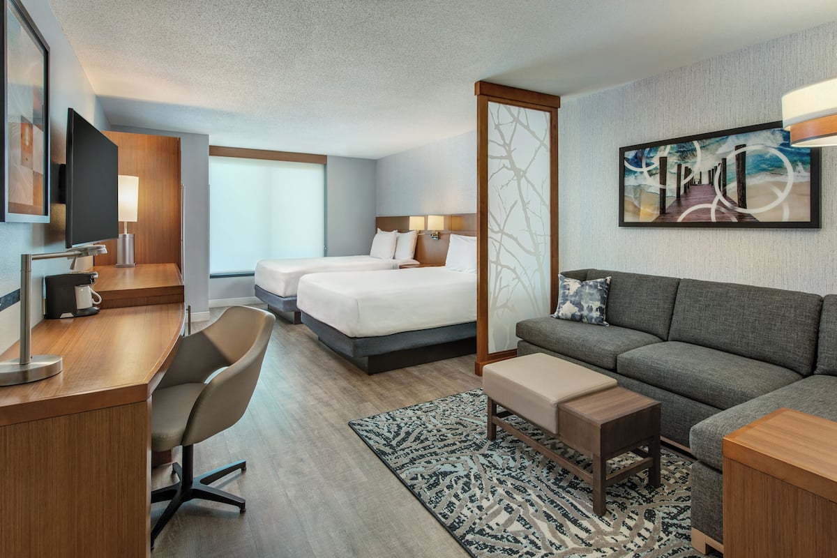 guest room, room, 2 queen beds | in-room safe, desk, blackout curtains, iron/ironing board