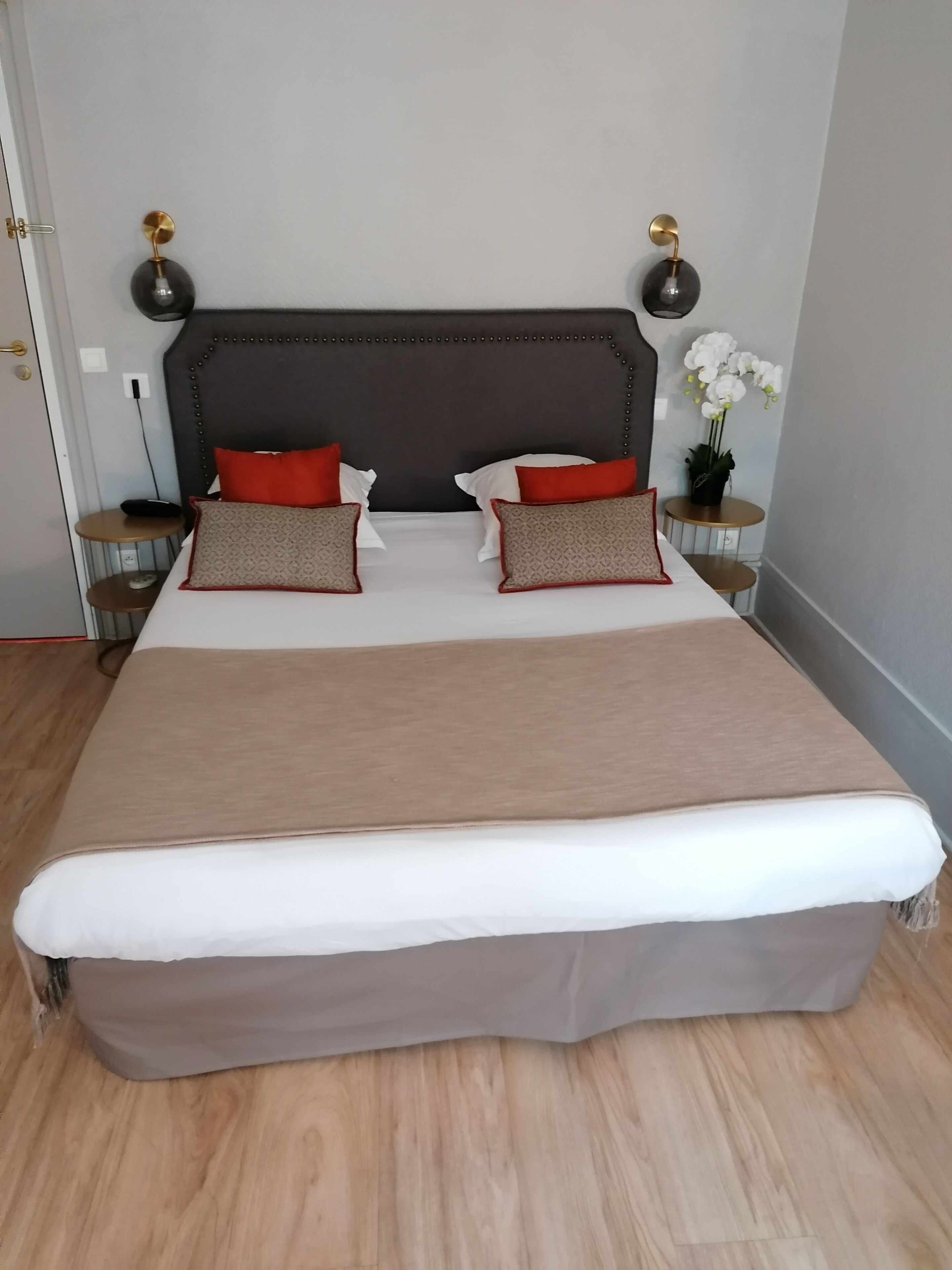 A double bed with a dark headboard, two red and beige pillows, and a brown throw blanket. There are two bedside tables with lamps, a small round table with a plant, and a door with a gold handle.