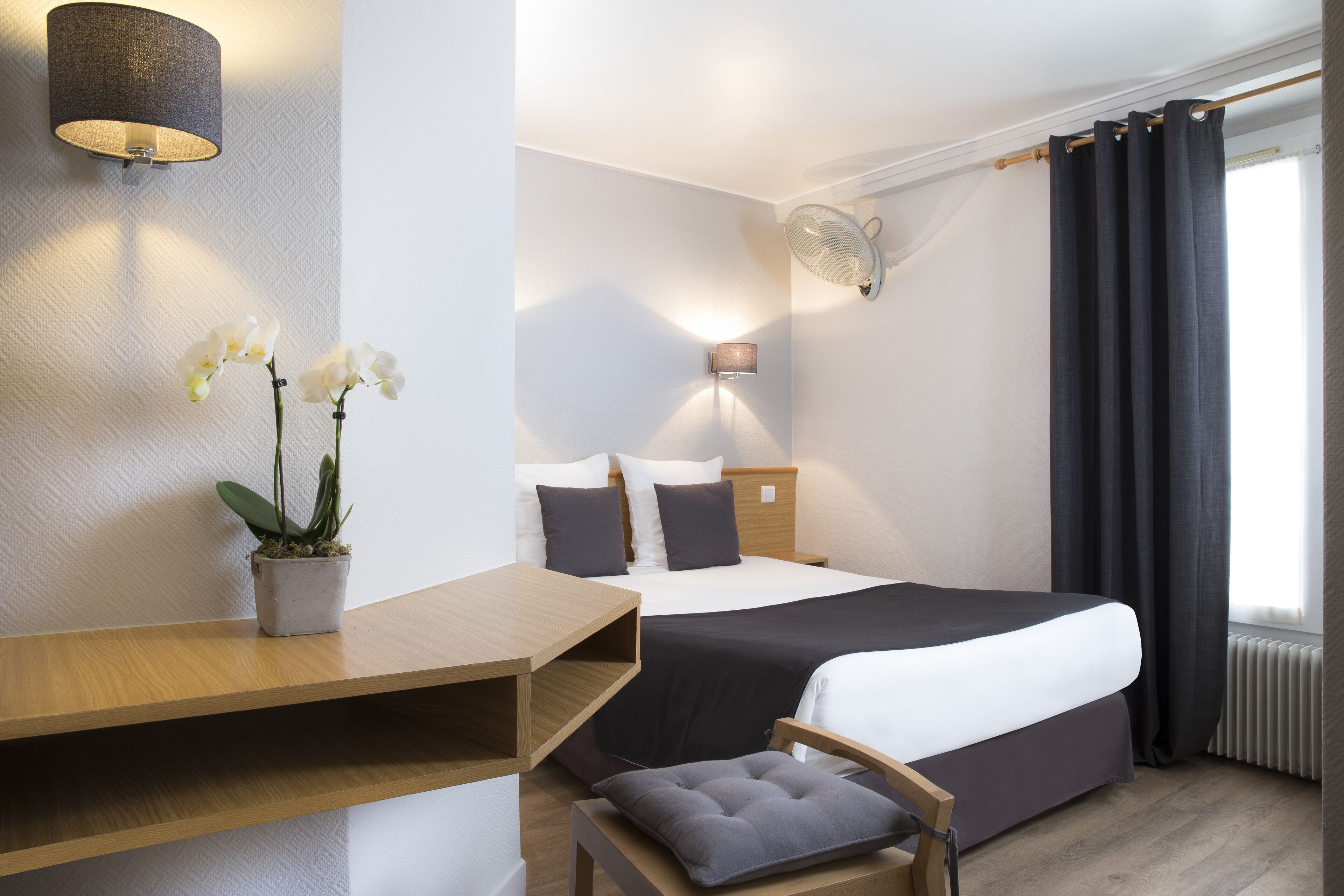 Habitación de hotel moderna con cama, mesita de noche, lámpara y una orquídea en maceta.