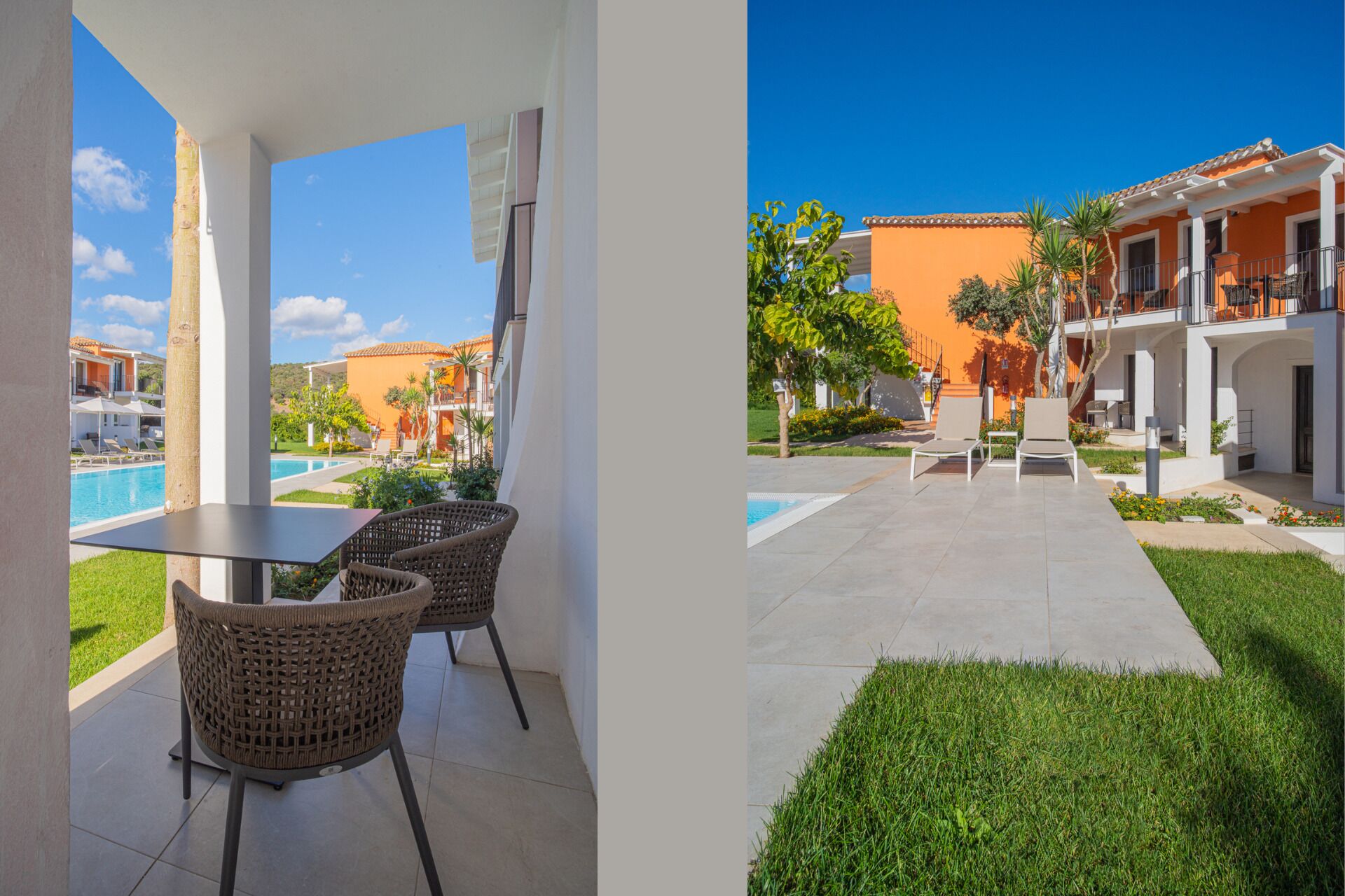 Un espace aménagé au bord de la piscine, avec une table et des chaises, offrant une vue dégagée sur la piscine, et un bâtiment aux murs orange doté d’un balcon.