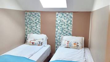 Een kleine, goed verlichte kamer met twee enkele bedden, elk met een blauwe sprei en witte lakens. De kamer heeft een schuine plafond met een dakraam, en de muren zijn versierd met behang met geometrische patronen.