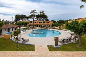 Outdoor pool, pool umbrellas, pool loungers