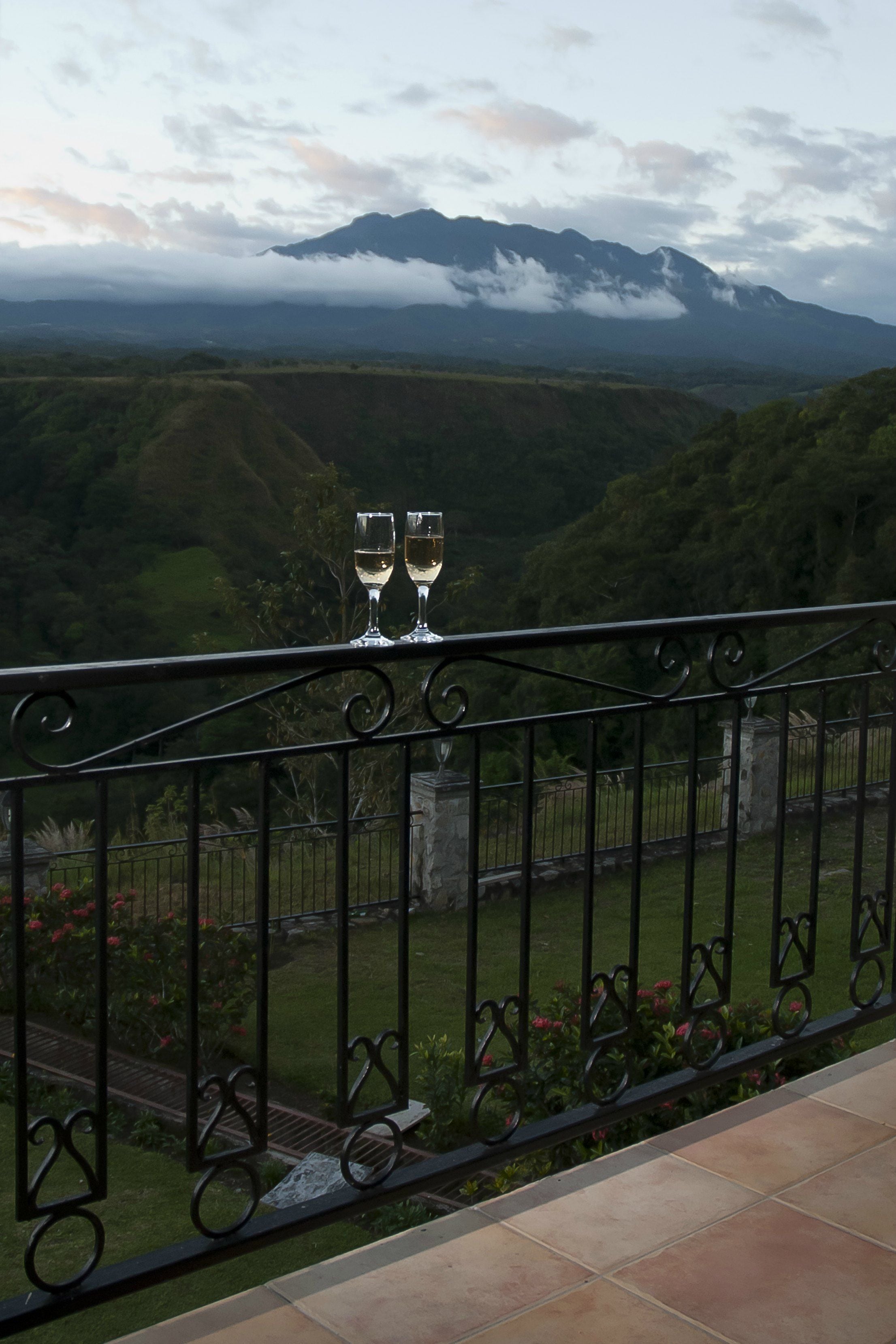 A balcony with two glasses of white wine, overlooking a mountainous landscape with a garden below.