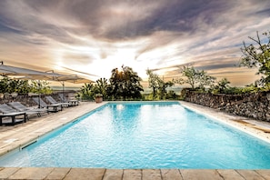 Seasonal outdoor pool, a rooftop pool, pool umbrellas, pool loungers