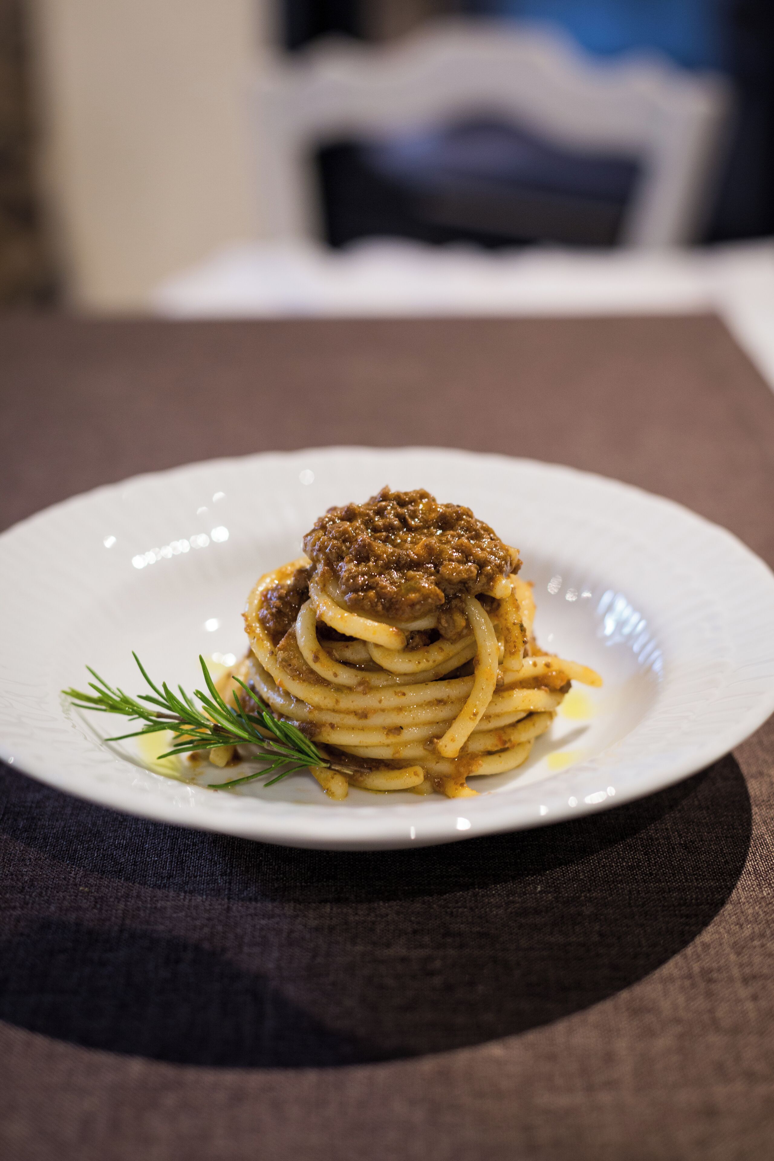 Une assiette de spaghettis recouverte d’une sauce à la viande, décorée d’une branche de romarin, le tout présenté sur une assiette blanche.