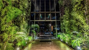 Un bâtiment moderne doté d’une façade en verre et de luxuriants jardins verticaux de part et d’autre.